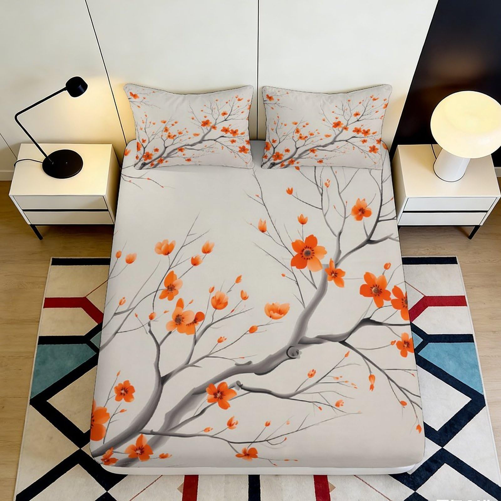 3D Printed Blossom Branch Fitted Sheet Microfiber Soft Orange Floral Mattress Cover Bedroom Decor Washable 180x200x25cm