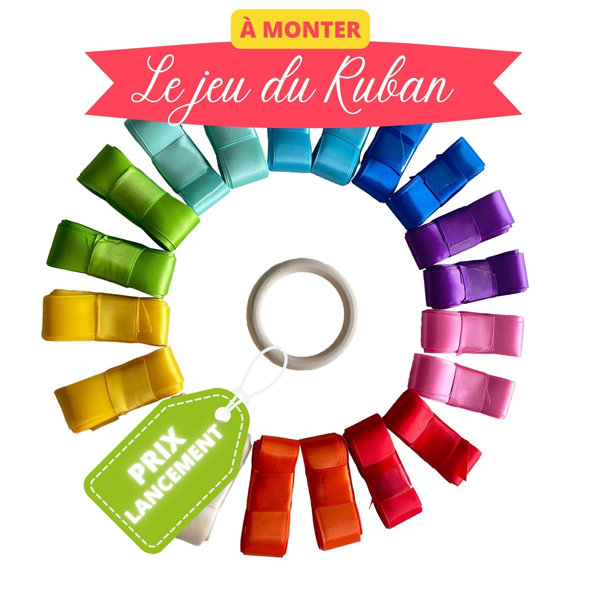 Ronde des rubans-Jeu du ruban mariage- A MONTER-Ruban satin-Cadeau mariée-Décoration fête-Bouquet de la mariée- 20 ruban-10 couleurs-Anneau Bois inclus-Idée cadeau EVJF