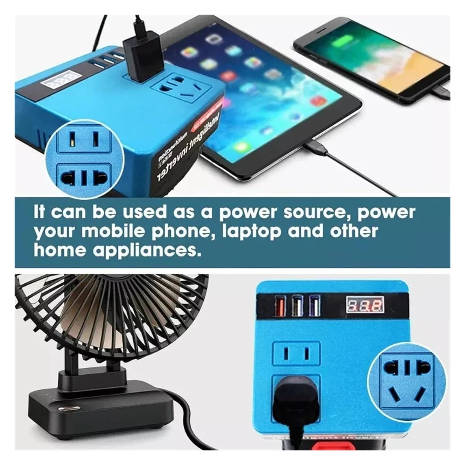 Convertidor Adaptador Batería Litio 120W Banco Energía Inversor 18V-20V A 110V-220V Transformador Inteligente Multifunción para Hogar Trabajo Al Aire Libre inversor