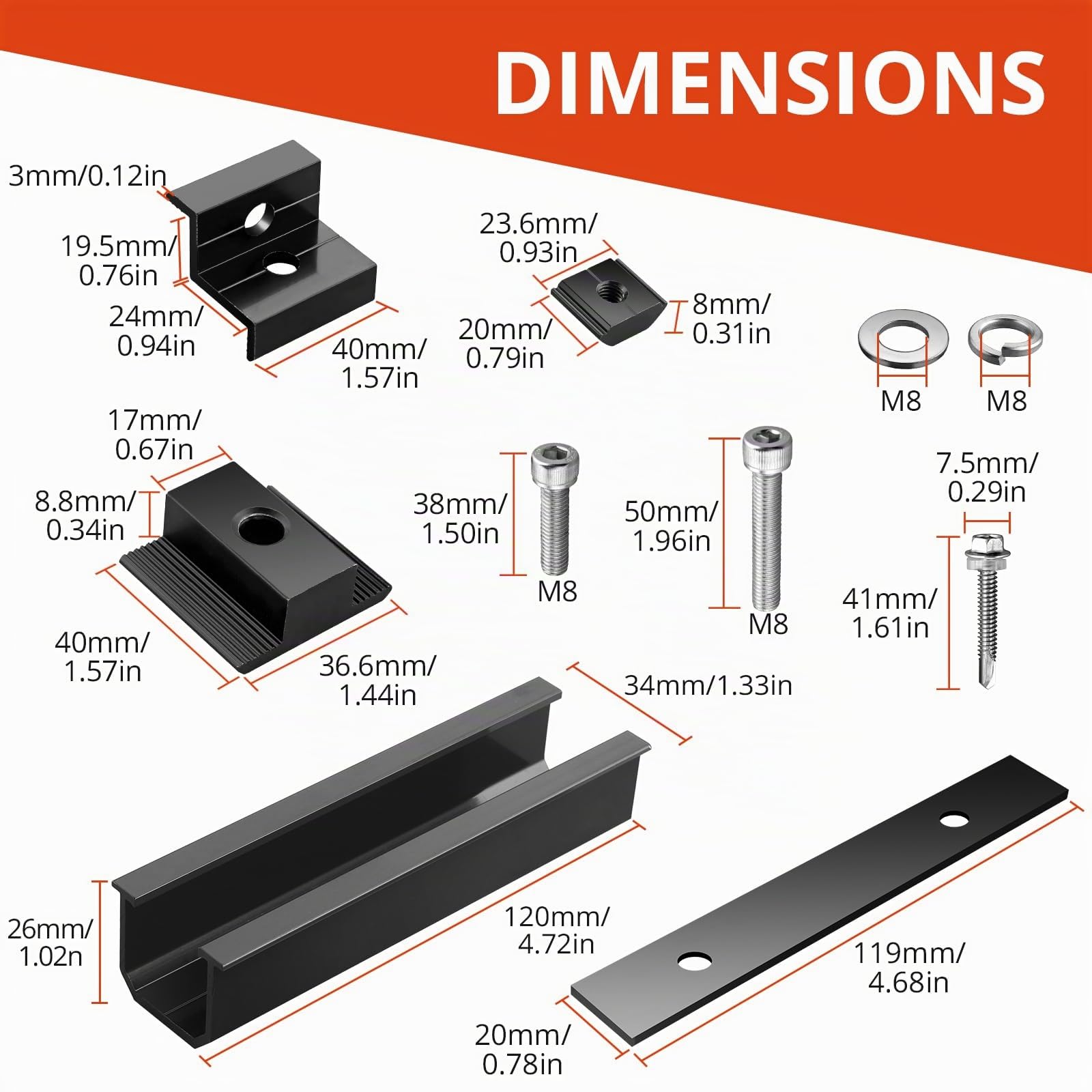 GETLITOOL Supports de Montage de Panneaux Solaires en Aluminium - Kit de 6 Rails 120x25mm 4 Pinces 2 Supports Centraux - Compatible 30/35mm - Étanche&Robuste - Pour Camping-car Maison Bateau - Noir