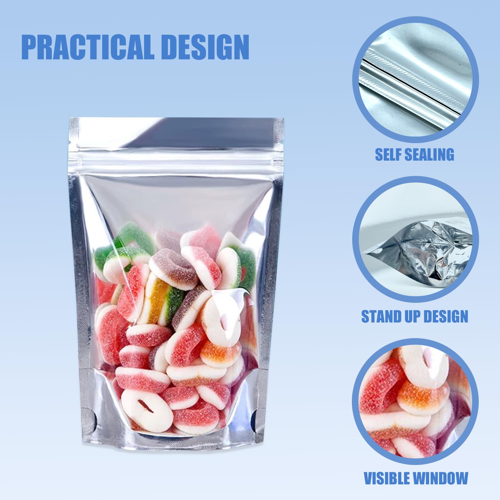 100 bolsas de Mylar resellables de 5 x 8 pulgadas para almacenamiento de alimentos, bolsas frontales transparentes de pie con etiquetas, bolsas de recuerdo de fiesta para embalaje de pequeñas empresas 2
