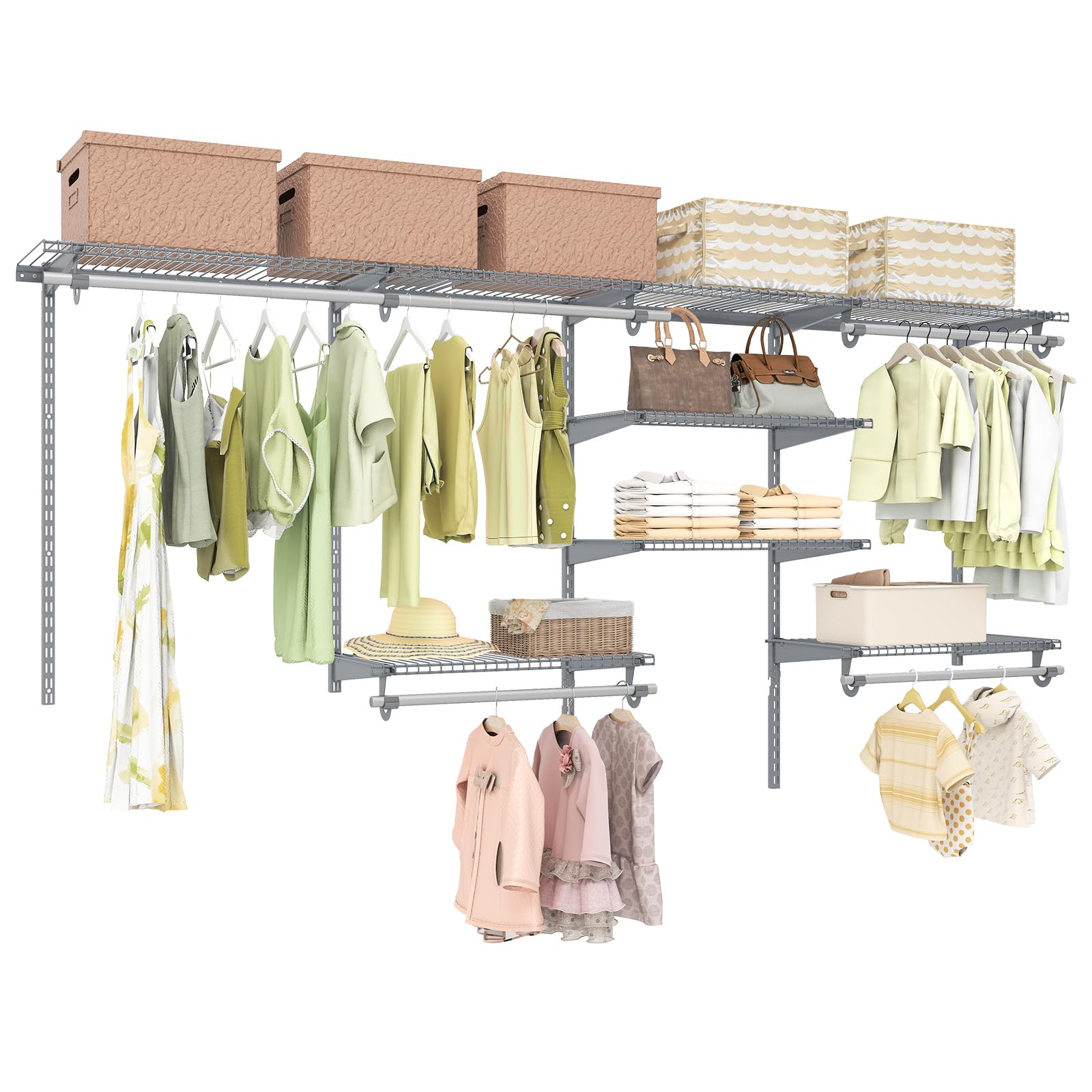 GIANTEX Système organisateur d'armoires à fil, kit d'armoire mural personnalisé avec étagères de rangement réglables, porte-bagages avec tiges, parfait pour manteaux, blanc/gris (gris)