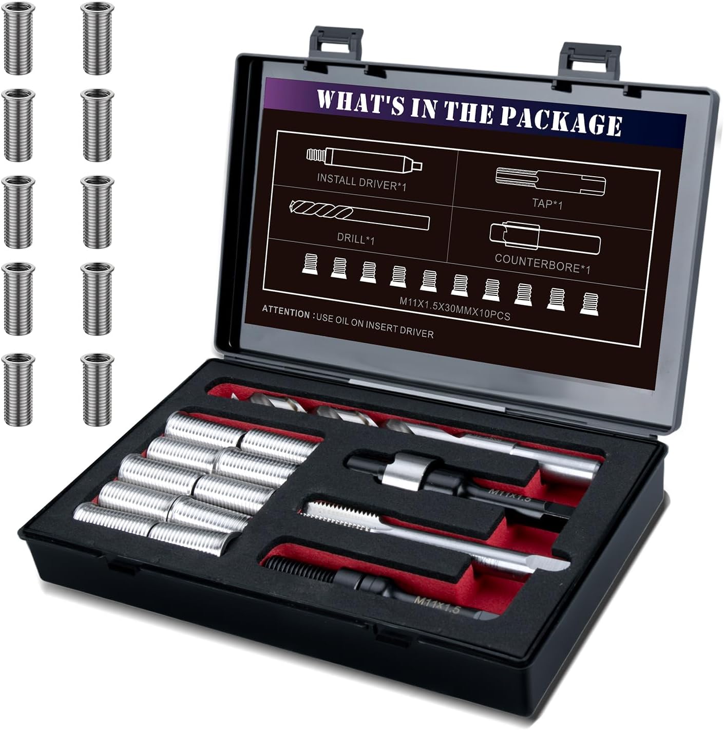 M11X1.5X30MM Thread Repair Kit with Insert HSS Drill, Tap, Counterbore, Installation Driver, Metric, 10PCS Stainless Steel Insert M11X1.5X30MM