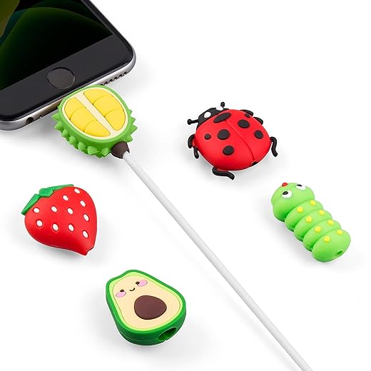 SUNGUY Cute Animal Bite Cable Protector for iPhone iPad Charger, 5 Pack USB Cable Protector, Charging Cord Protector, Cable Chomper, Fruit USB Charger Saver
