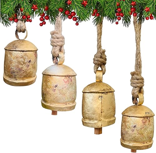 Juego de 4 campanas de vaca rústicas vintage para colgar en cuerda Harmony Shabby Chic Campanas de Navidad para decoración de metal de hojalata
