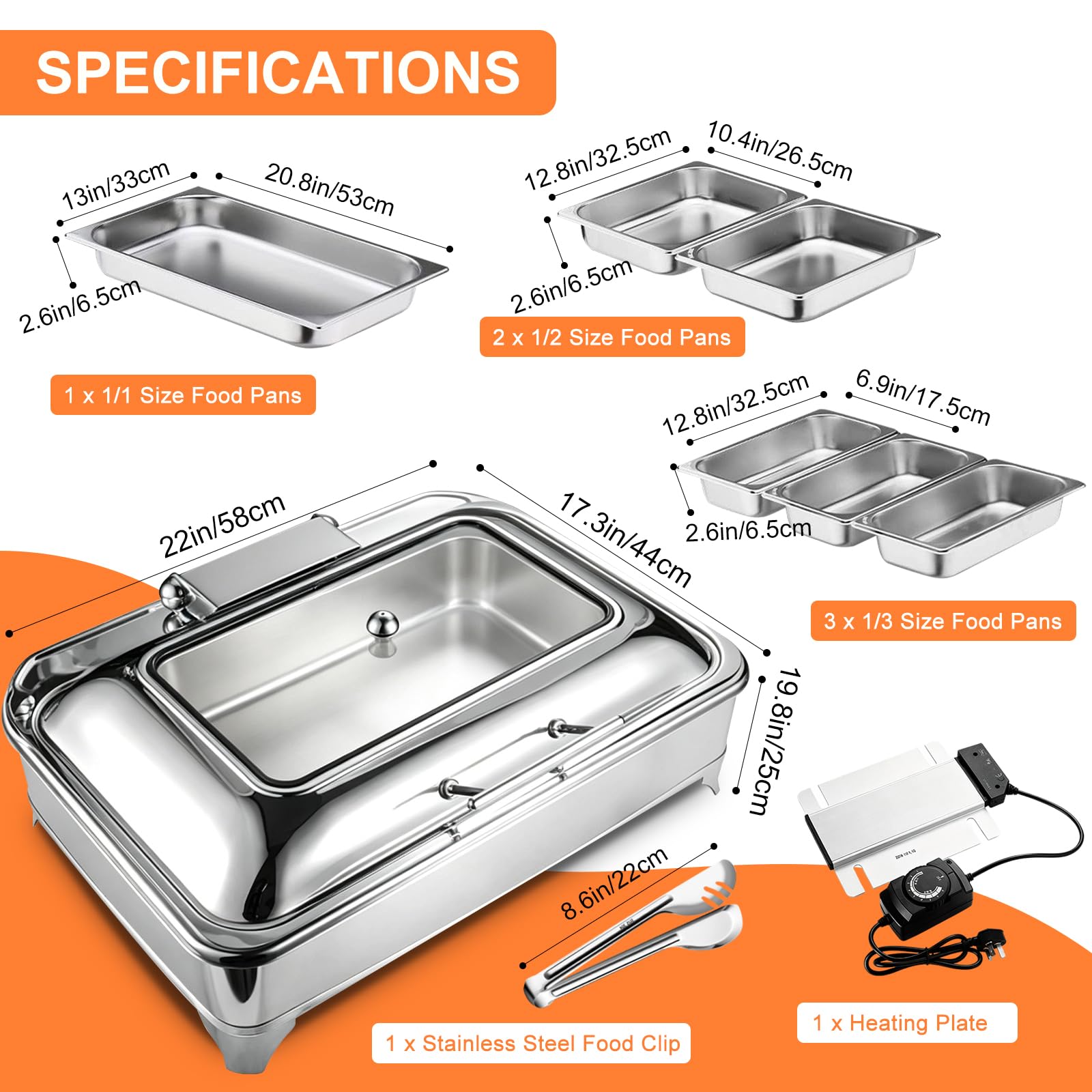 Calentador Buffet Electrico 9L, Regulable Temperatura 30-85 °C, 1/1 | Chafing dish comercial bufé, calentador de comida buffet electrico para catering, bodas y fiestas, acero inoxidable