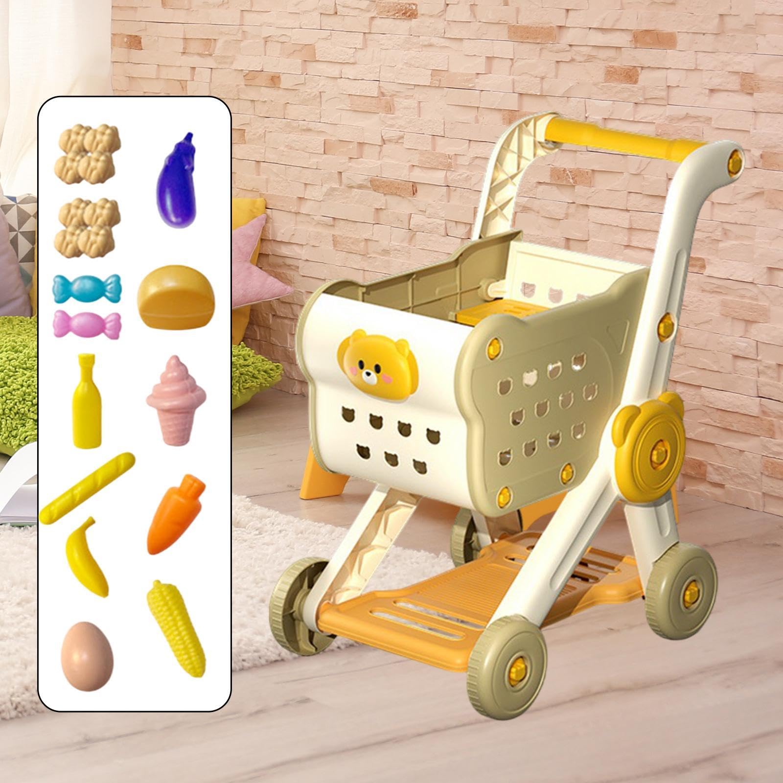 Carrello Supermercato Bambini Set Giocattolo Carrello Spesa Accessori Cucina Portaoggetti Ampio Facile da Usare Adatto per Gioco Simulato Regalo, Beige