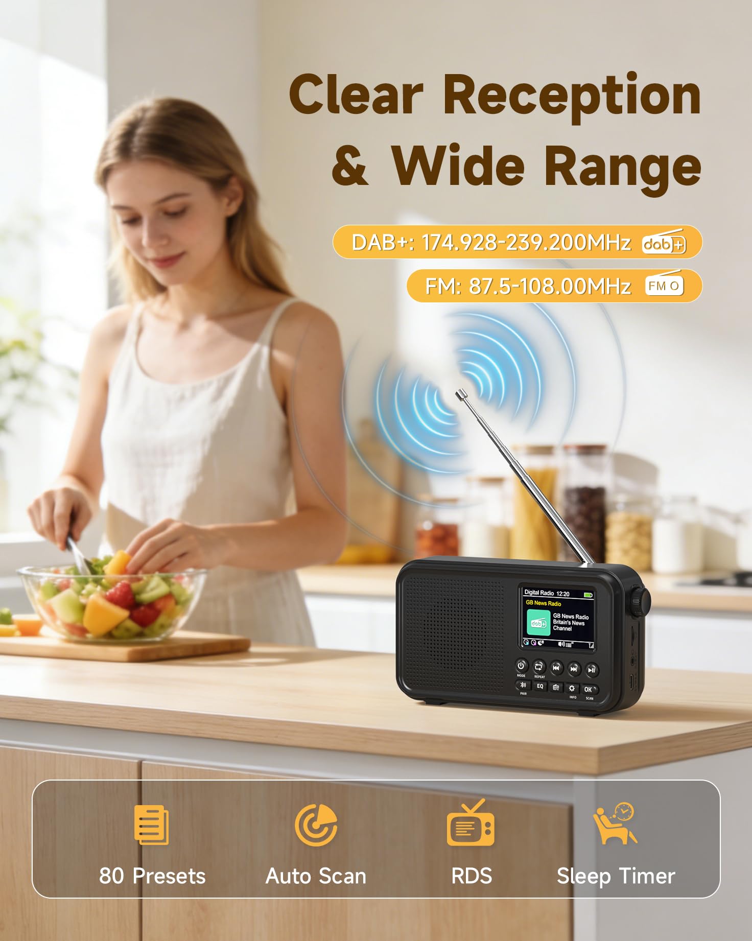 Roxicosly Portable DAB+/DAB/FM Digital Radio with Bluetooth, 3000mAh Rechargeable Battery & USB-C Mains, 2.4" TFT Colour Display, 80 Presets, EQ, AUX, MicroSD Slot, Dual Alarm, Snooze & Sleep Timer — view 2