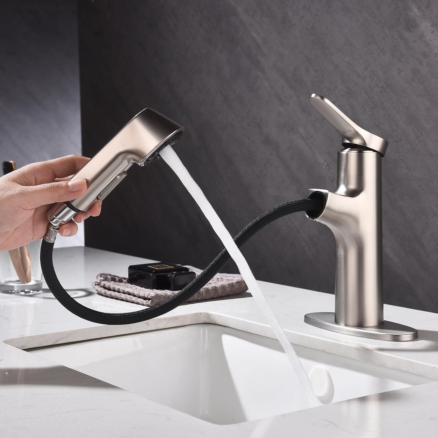 Bathroom Sink Faucet with Pull Down Sprayer, Single Handle Faucet Fits 1 or 3 Hole Installation, 4 Deck Plate Dual Spray Mode Vessel Sink Faucet Brushed Nickel