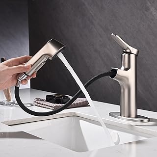 Bvoechor Brushed Nickel Bathroom Sink Faucet with Pull Out Sprayer, Single Handle Deck Mount 1 Hole or 3 Holes Modern Lavatory Vessel Sink Faucet, Bar Sink Faucet
