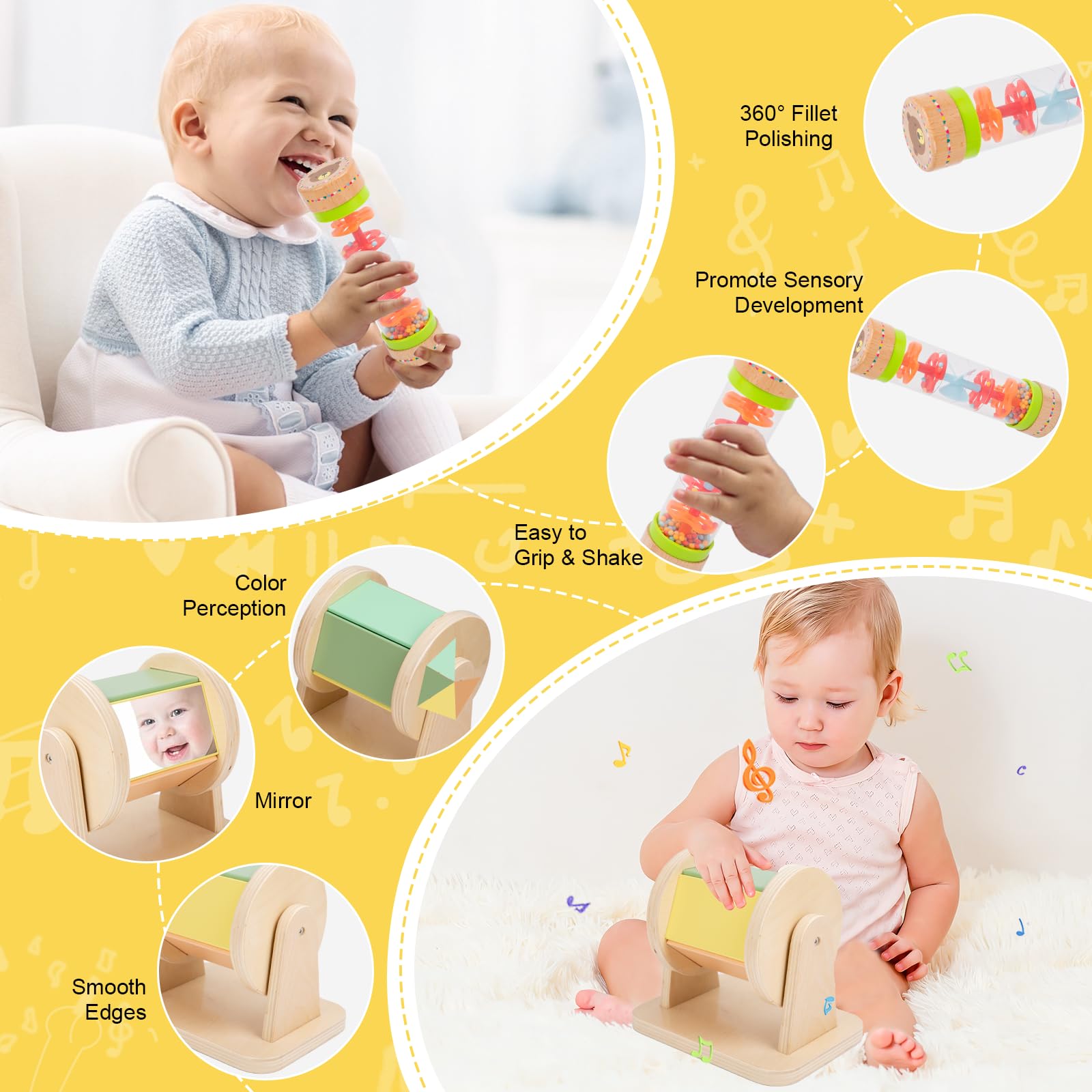 Adena Montessori Kit de Juego para bebés de 0 a 6 Meses, Kit de Aprendizaje 9 en 1 Que Incluye Tarjeta en Blanco y Negro, sonajero Rainmake de Lluvia, Bola sensorial, Tambores de Boca Abajo, Caja de