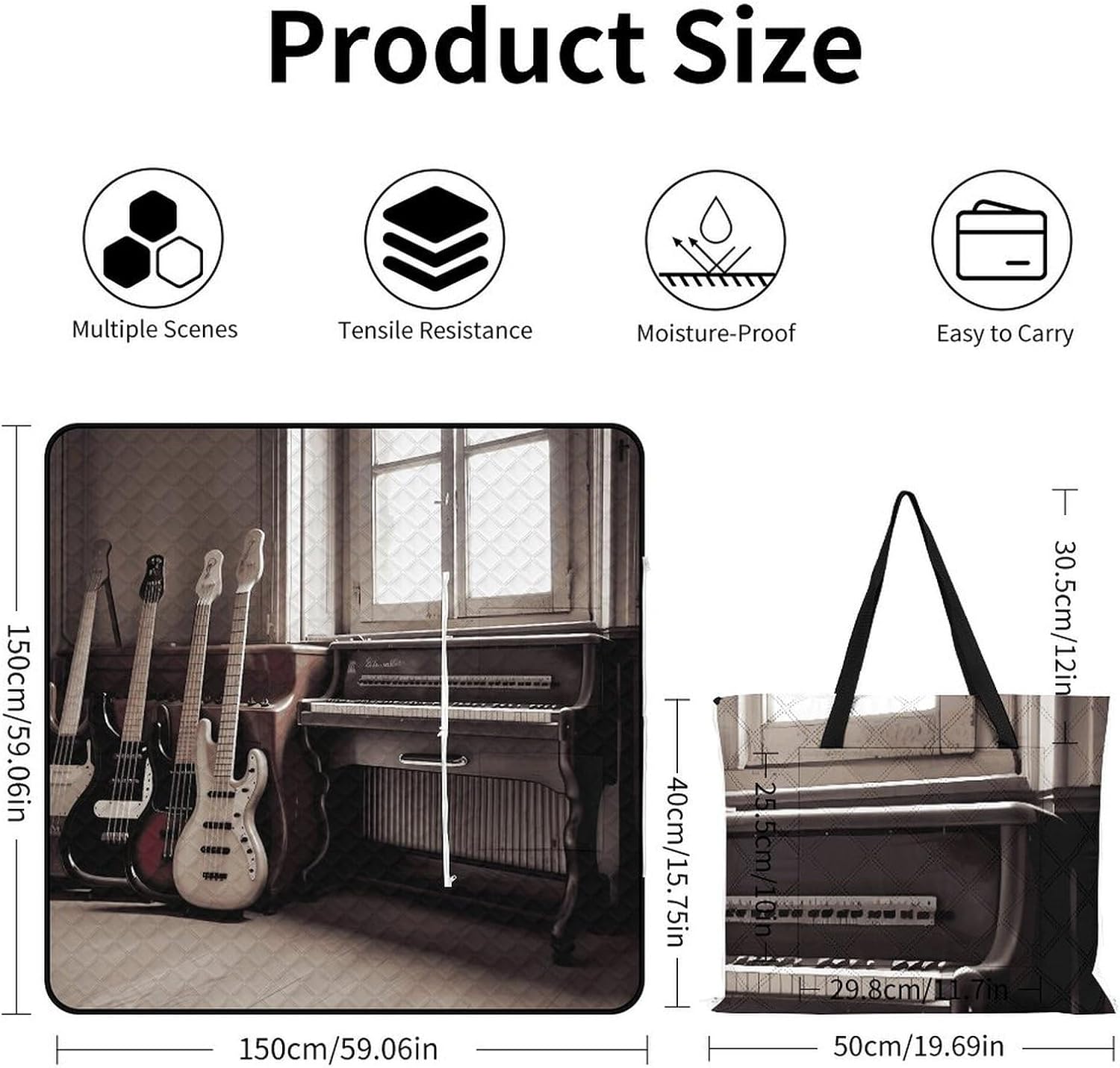 Guitar Bass Music Musical Instruments Picnic Blanket with Zipper Water Resistant Sand Free Picnic Mat Washable Foldable Easy Carry Beach Blanket for Lawn Beach Hiking Camping