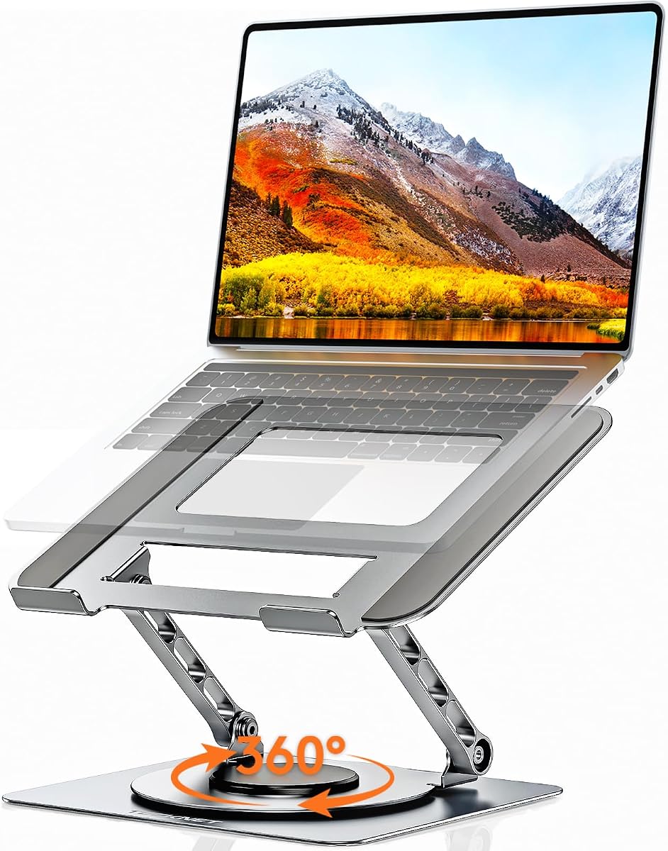 Laptop Stand for Desk, 360° Rotating Laptop Stand for 10-17" Laptop | Ergonomic Foldable Height Adjustable Computer Riser for Office, Home, Remote Work Compatible with MacBook, HP Laptops, Silver