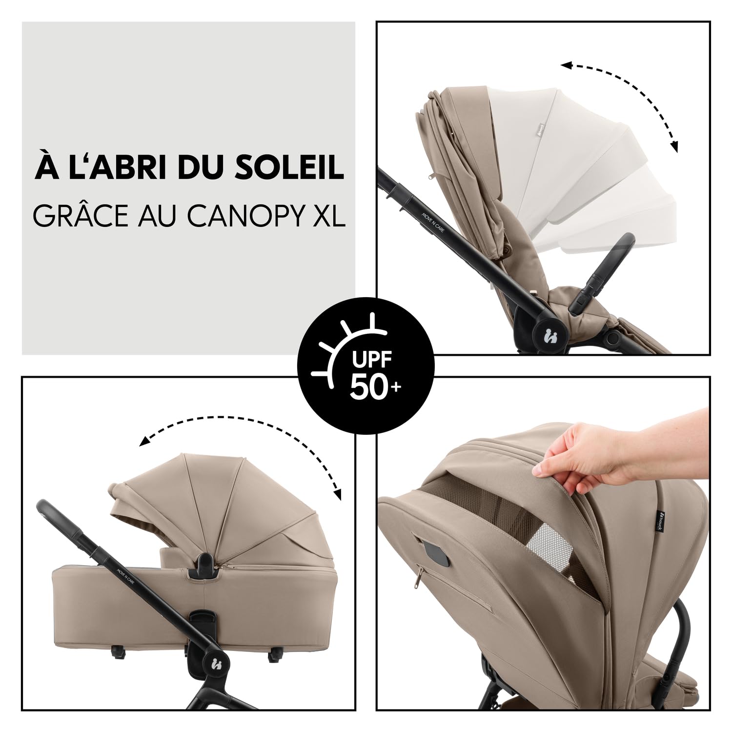hauck Poussette 2 en 1 Move N Care avec Nacelle Bébé, dès la Naissance jusqu'à 22 kg, Siège Réversible, Inclinable, Roues Caoutchouc, Suspension, Protection UV 50+, Pliable, Marron Clair Moka