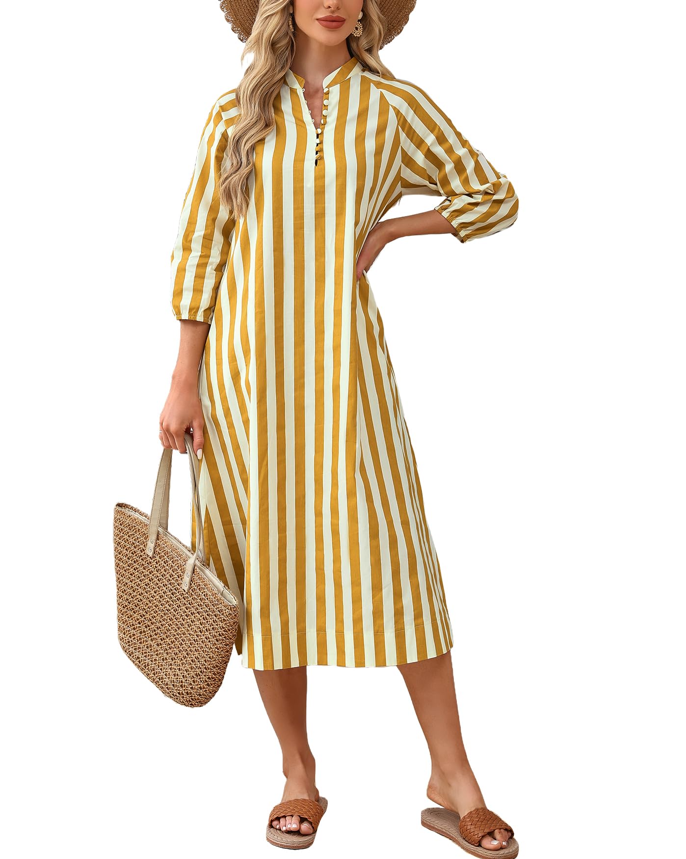 YEXPINE Women Summer Striped Button Down Long Maxi Dress Loose Fit 3/4 Sleeve Cotton Caftan Shirt Dress with Pocket