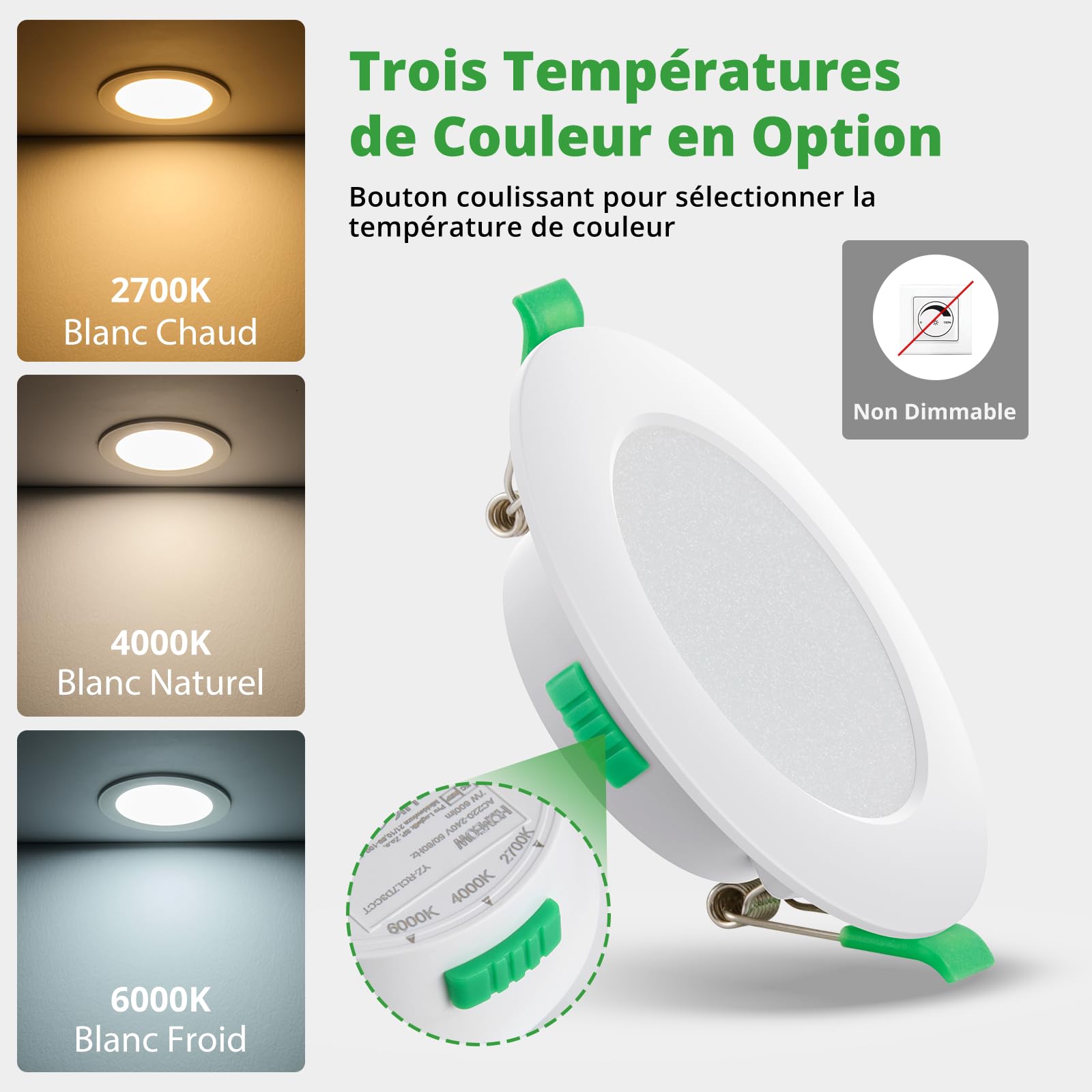HOMEOW Lot de 20 Spots LED Encastrable 7W 220V IP44 Reglable Blanc Chaud 2700K Blanc Neutre 4000K Blanc Froid 6000K Trou Φ 75-90mm