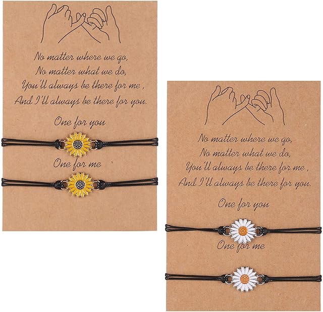Fuyamp 4 Pcs Sunflower Friendship Bracelets, Handmade Sunflower Promise Bracelets with Blessing Cards for Girl, Women, Couples and Best Friend