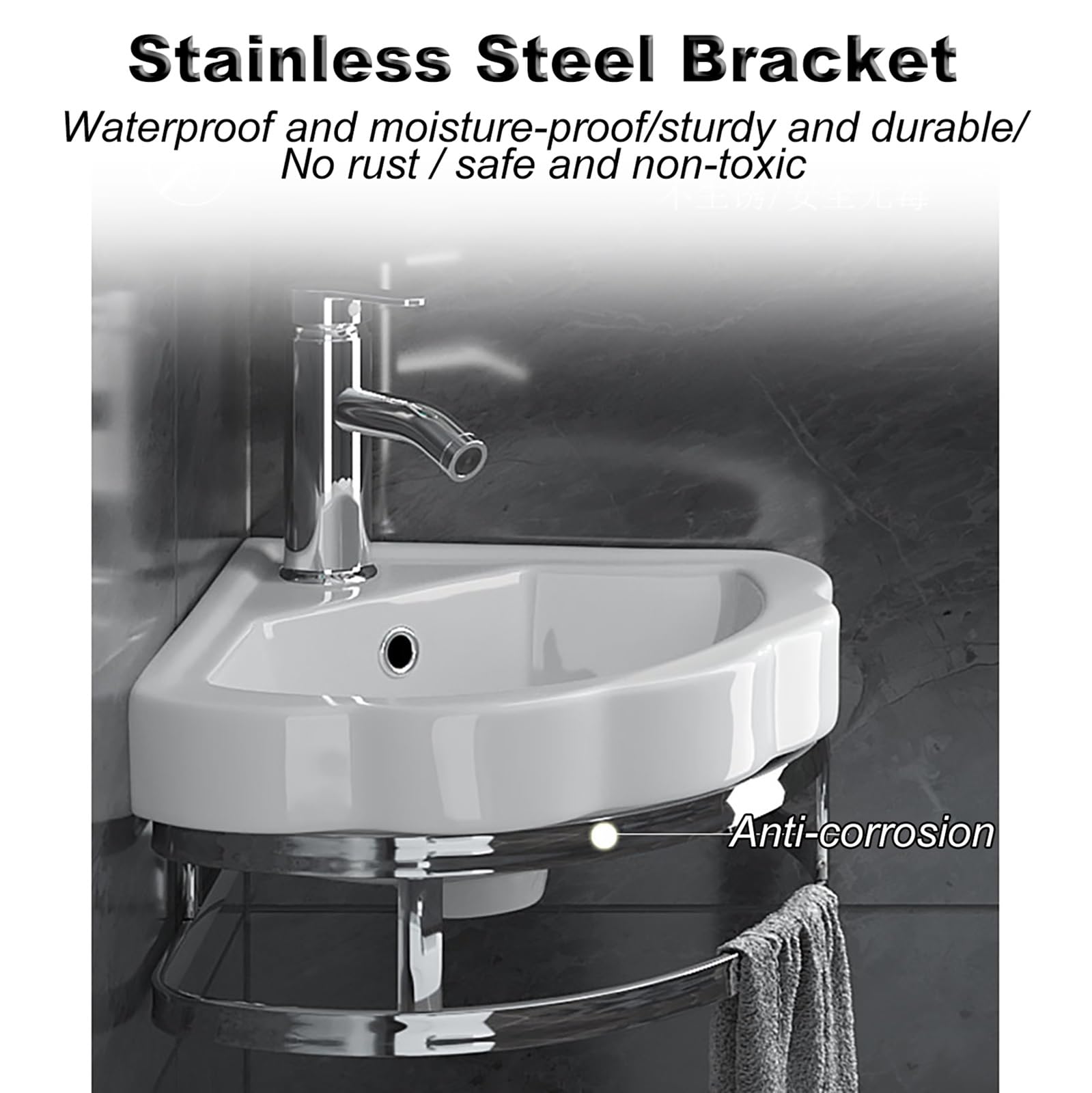 Lavello da bagno moderno ad angolo da 25,4 cm, piccolo lavabo da parete con rubinetto di scarico barra per asciugamani per cucina bagno fattoria