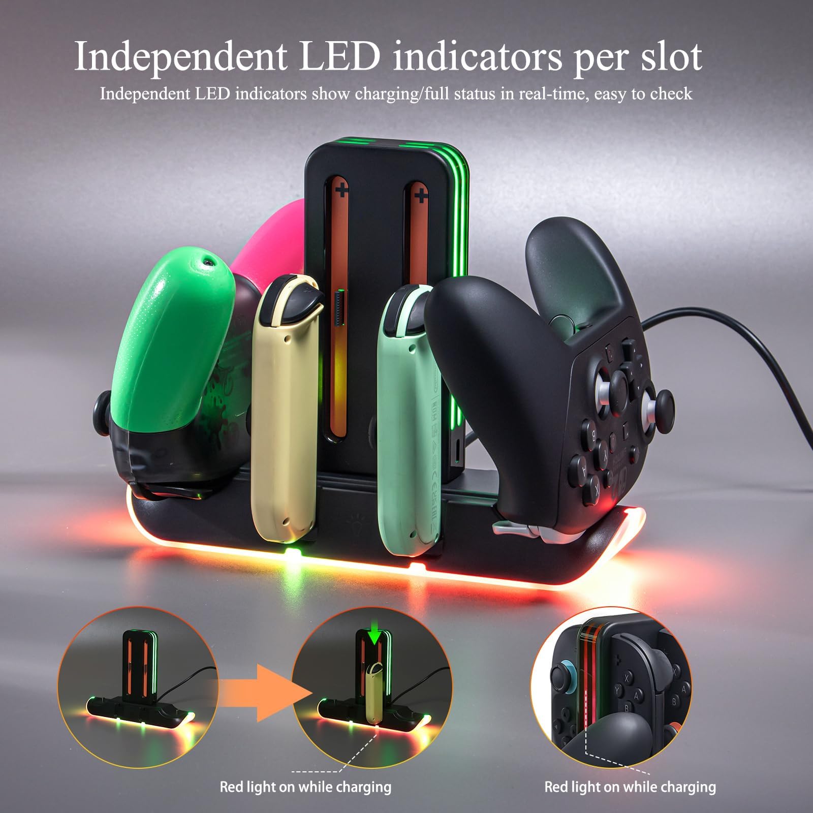 Switch 2 Controller Charger Dock – Charge 4 Joy-Cons & 2 Pro Controllers – Fast Charging RGB Station with LED Indicators & Touch Control – Compatible with Nintendo Switch 2/1/OLED - 5