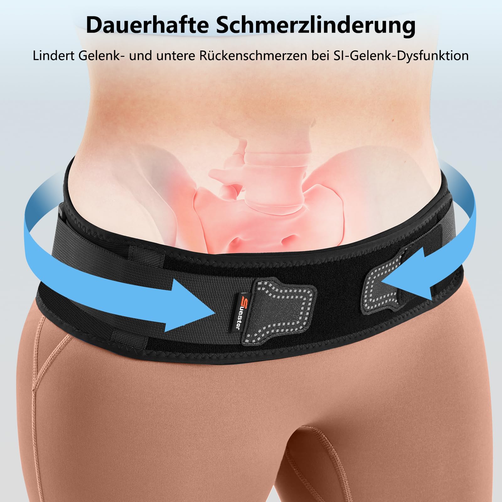 SueStar ISG Gürtel mit 3D-Kompressionspolster– Orthogürtel & Beckengurt, verstellbar, rutschfest, atmungsaktiv – Ischias Gürtel für Damen gegen ISG-, Rücken- und Hüftschmerzen