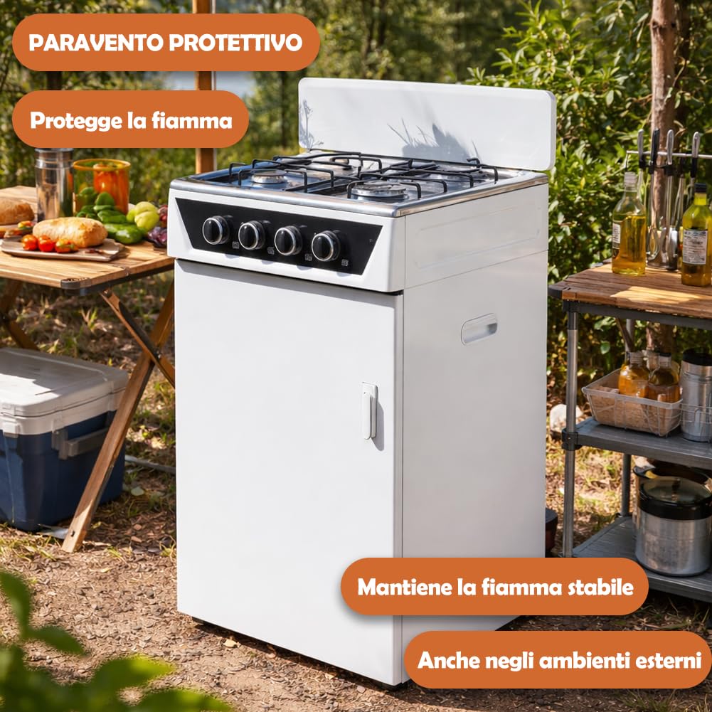 BAKAJI Cucina da Esterno con Piano Cottura 4 Fuochi a Gas, Mobile con Vano Portabombola Integrato Ideale per Esterni e Interni, Struttura Salvaspazio Robusta e Compatta con Paravento (Bianco)