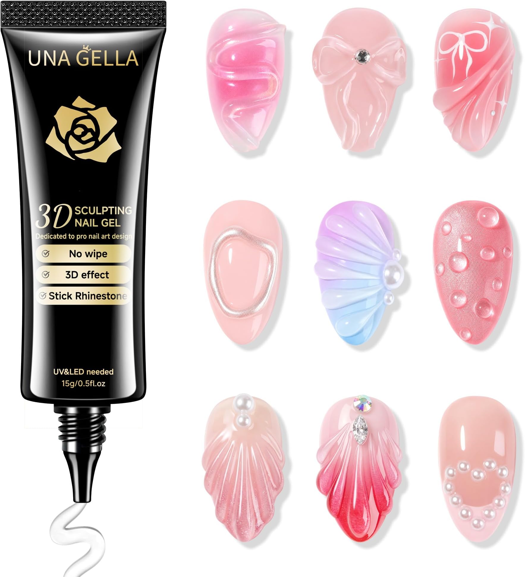 UNA GELLA 3D Gel Nail Art, 3D Nail Gel Sculpting G el Glue 15g 4 in 1 No Wipe Clear Nail Polish for Nails Tips, Chrome Powder, Nail Charms Gems, Drawing and DIY Nail Art Lamp Curing Needed