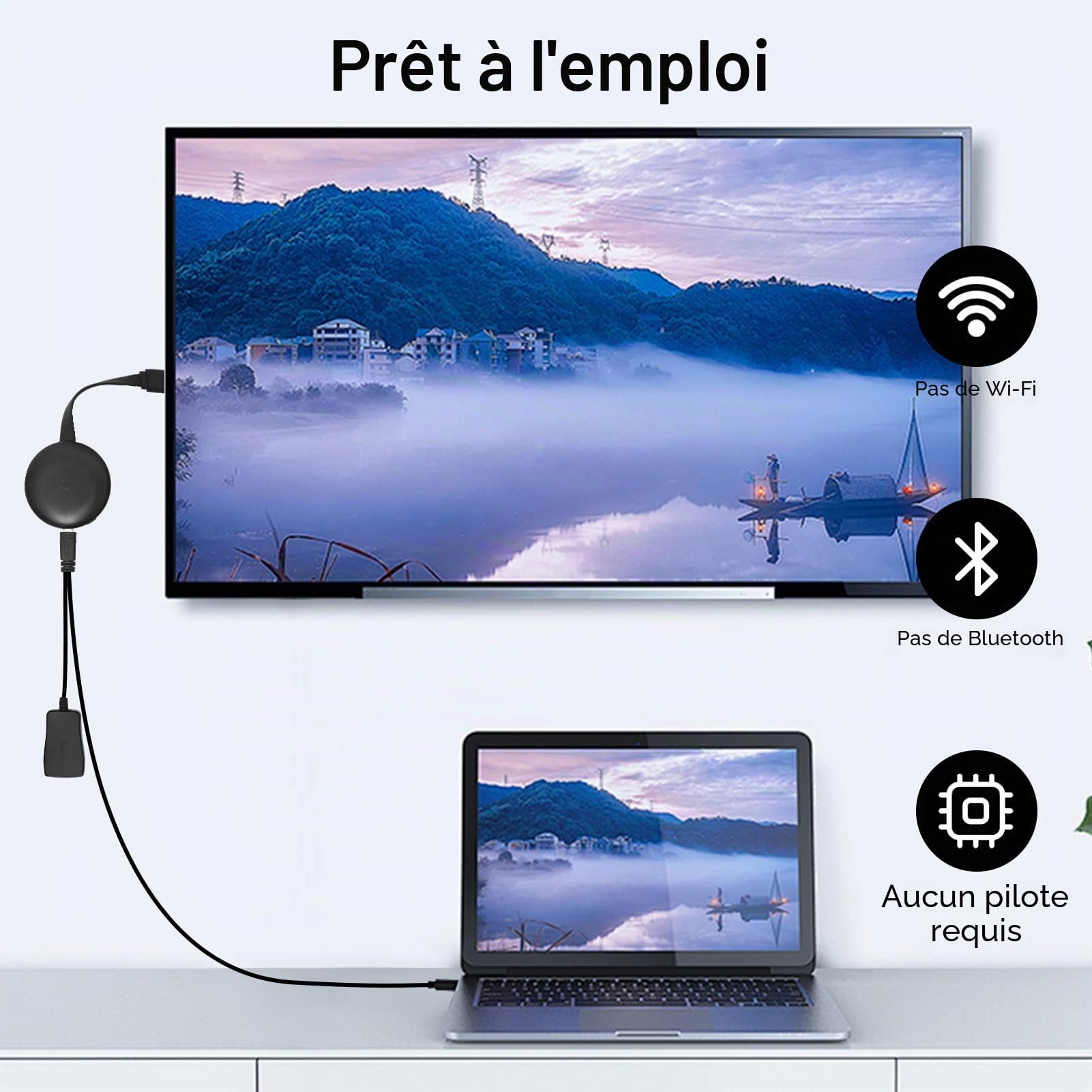 Dongle HDMI sans fil, 1080p, adaptateur d'affichage sans fil HDMI, clé Bluetooth pour ChromecasttMiracast/Airplay/iOS/Android/Mac/Windows/PC Moniteur TV Stick Screen Mirroring