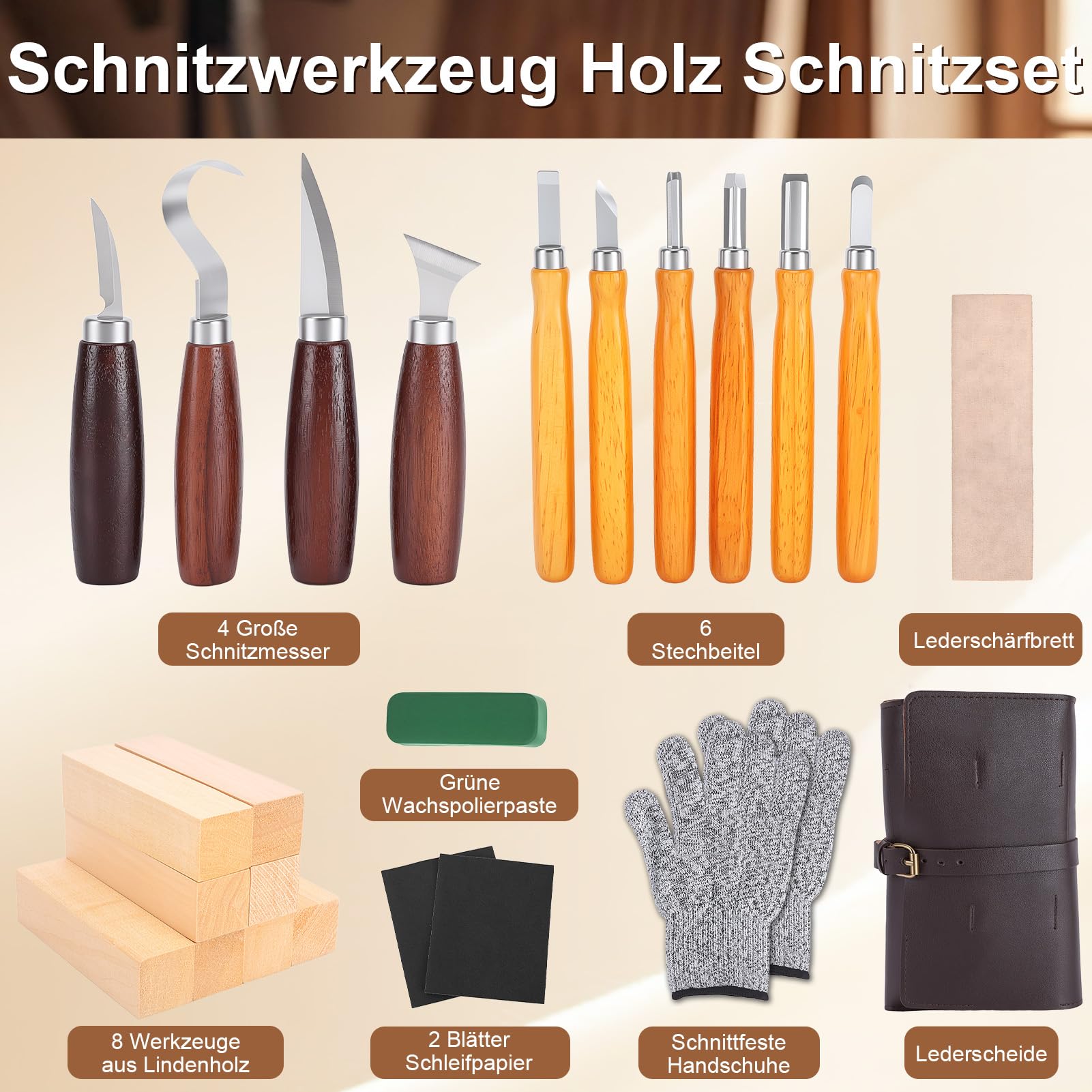 Schnitzwerkzeug Holz Schnitzset, 25-teiliges Schnitzmesser Set mit Lindenholz zum Schnitzen, Schnittschutzhandschuhe, Ein Ideales Schnitzset für Anfänger und Erwachsene