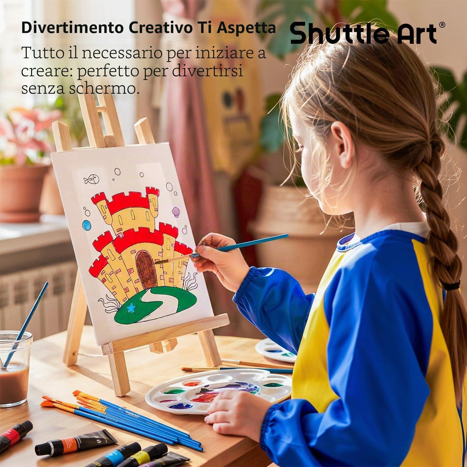 Pack 69 Kit Pittura bambini, Shuttle Set Pittura Bambini con 30 Colori Acrilici, Cavalletto Pittura Legno, Tela, Blocco da Disegno,Pennelli, Tavolozza,Tuta Set Completo Vernice per Ragazzi e Ragazze