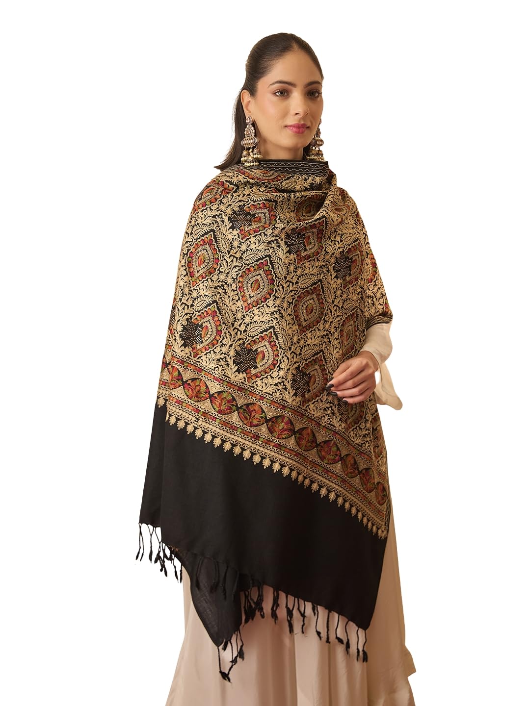 Women Ornate Harmony Fine Wool Nalki Embroidered Stole (Size : 28x80in, 71X203cm)-image-28
