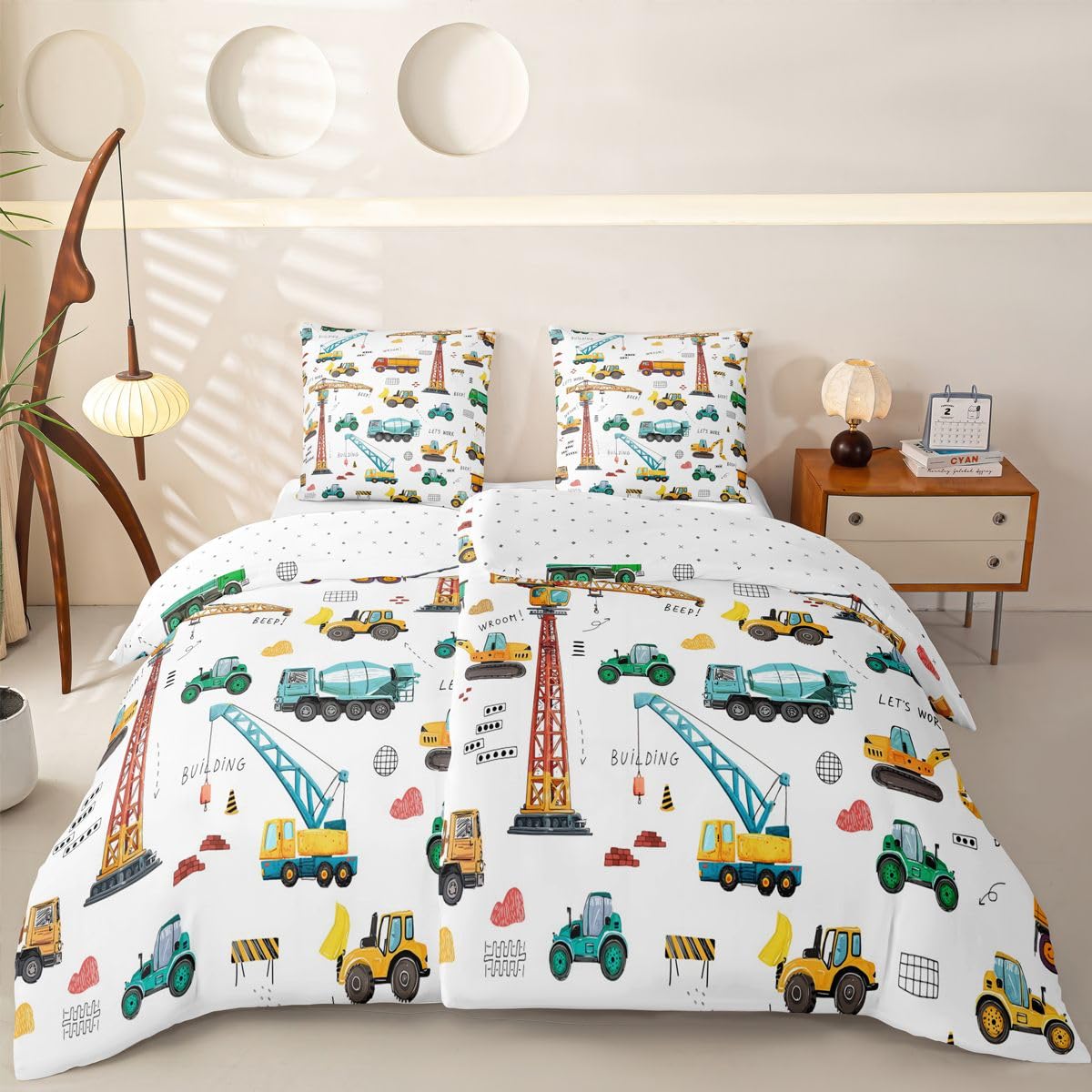 Homewish Cartoon Bagger Jungen Bettwäsche 135x200 4teilig Mikrofaser | Traktoren Maschinen LKWs 2 Kissenbezüge Baumaschinen Kinder 2 Bettbezüge Gelb Grün Baustellen Fahrzeugen Bedding Weich