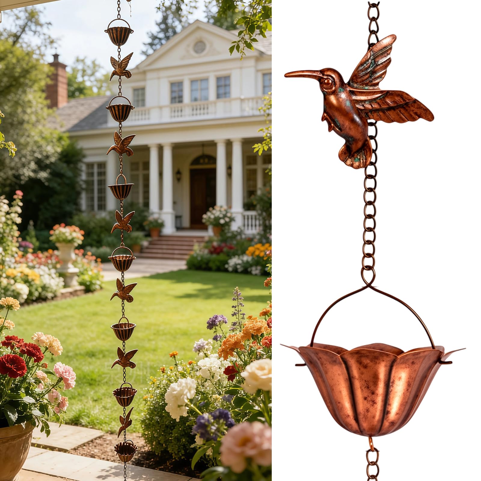 Chaîne de Pluie pour gouttières, 2,4 m, Vintage, en Bronze avec 7 Colibri et gobelets