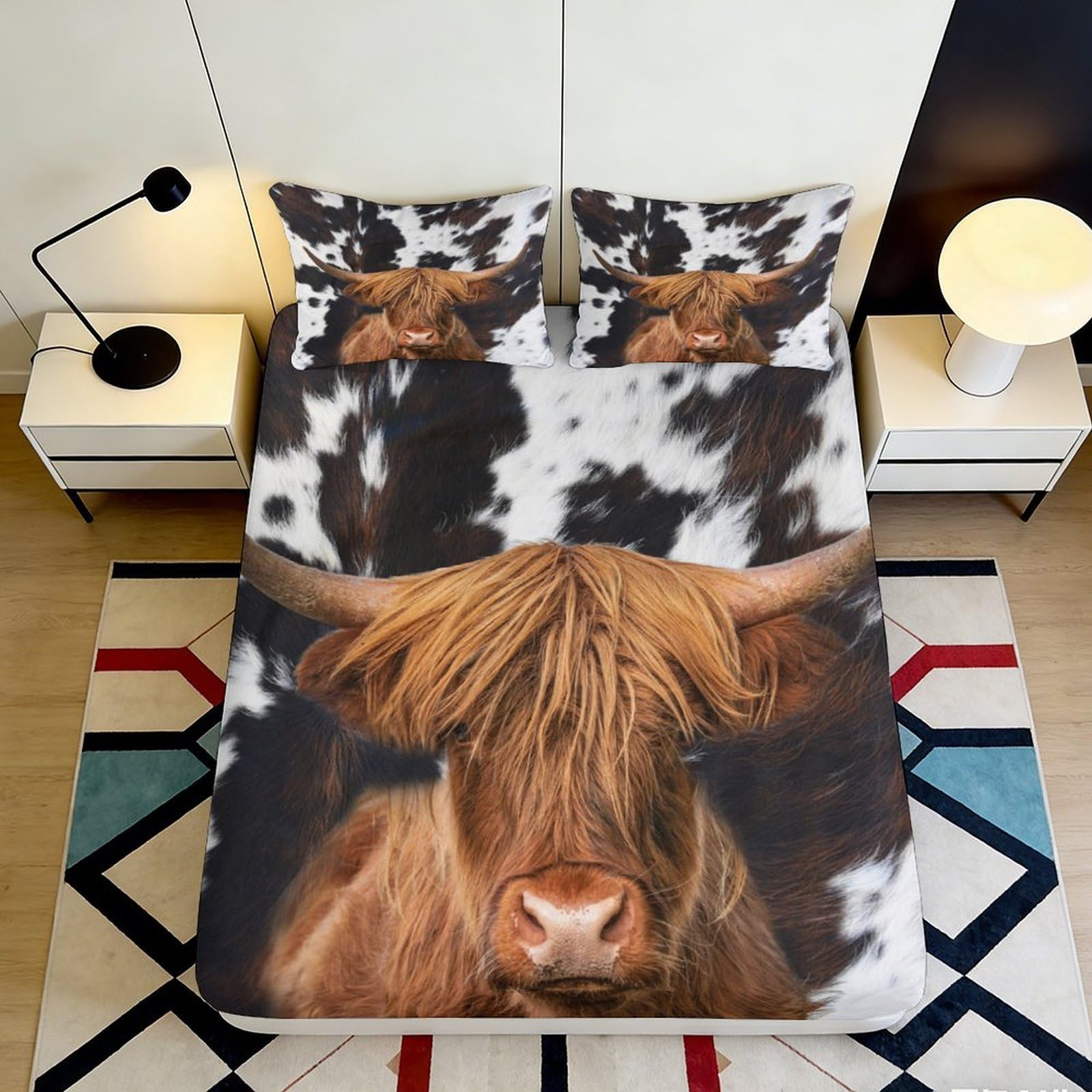 3D Printed Highland Cow Fitted Sheet Microfiber Soft Breathable Black White Cattle Mattress Cover for Bedroom Decor 120x200x25cm