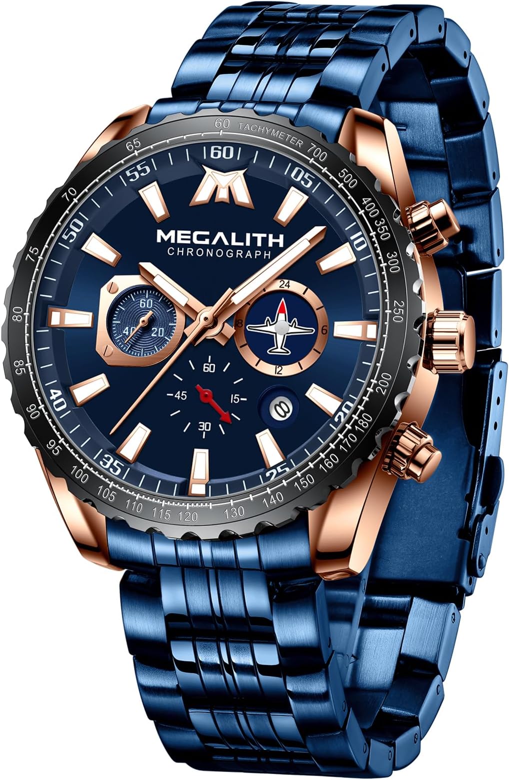 MEGALITH Watches Men's Stainless Steel Chronograph Watch Men's Large with Date - Waterproof Quartz Watch for Men Gift, A- Blue, Standard, Sports