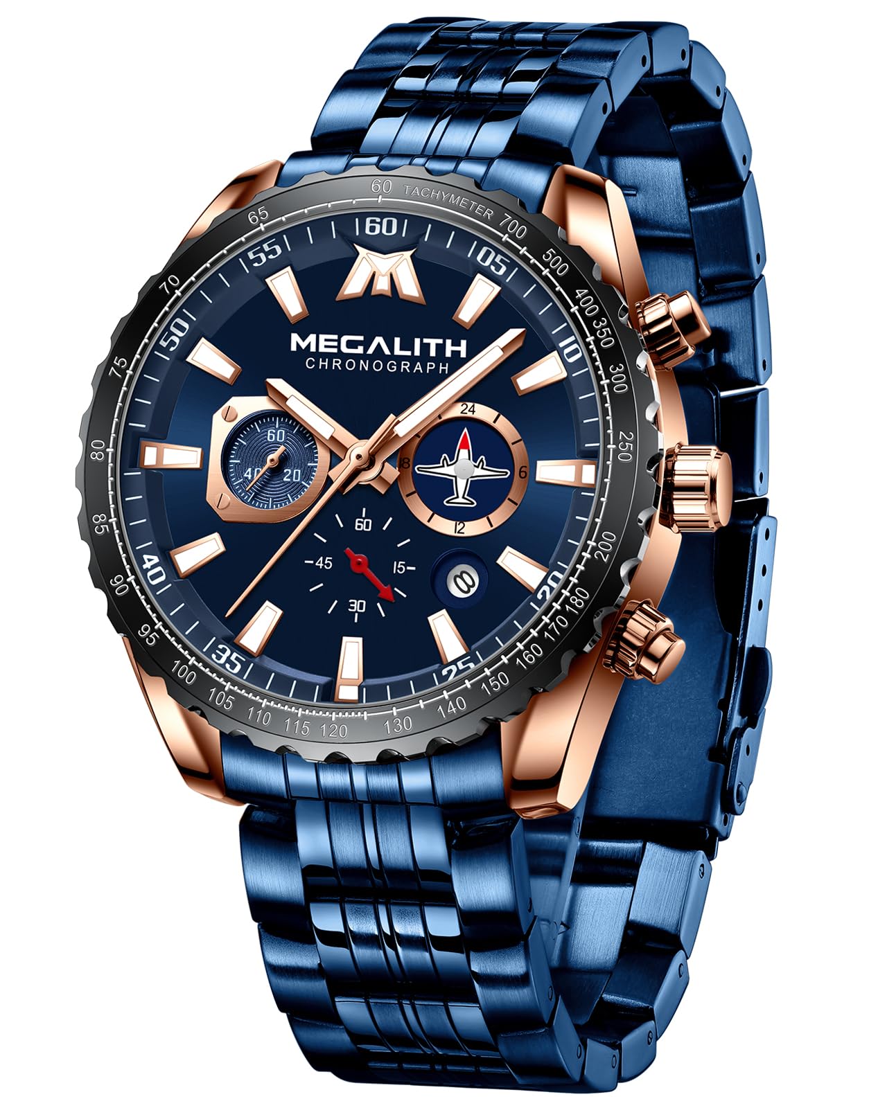 Watches Men's Stainless Steel Chronograph Watch Men's Large with Date - Waterproof Quartz Watch for Men Gift, A- Blue, Standard, Sports