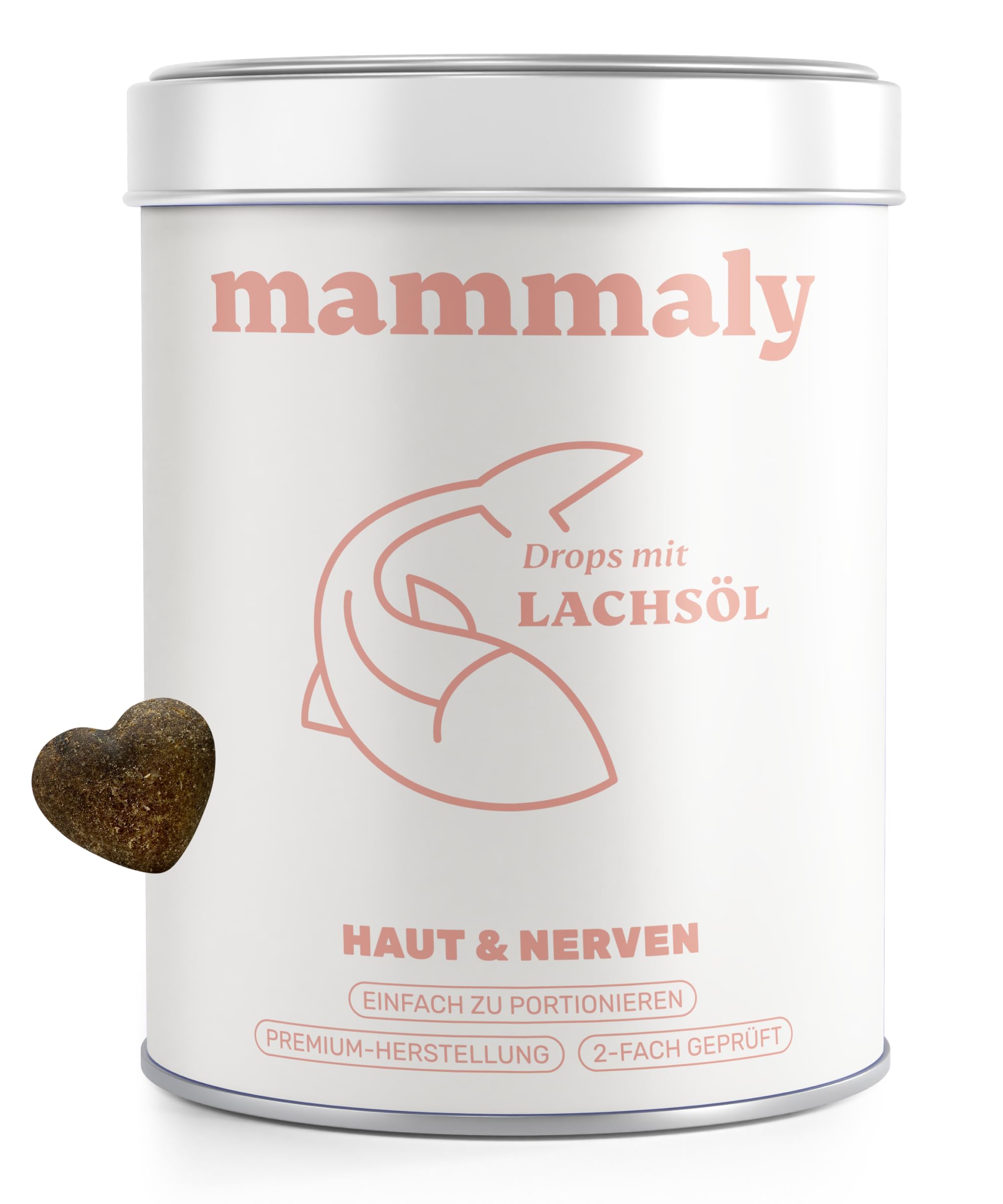 Lachsöl Drops für Hunde - 100 Leckerli (170g) von mammaly - Mit Lachs, Vitamin D & Omega 3 für Haut und Fell/Skin & Coat, Fellpflege & Hautpflege - Kann bei Haarausfall unterstützen für deinen Hund