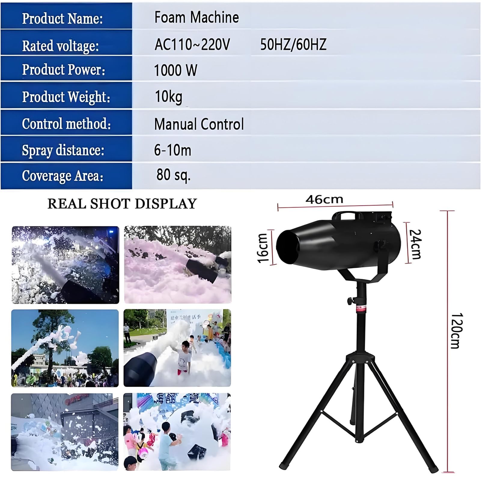 Máquina de chorro de espuma de 1000 W, equipo de DJ para fiestas al aire libre, villas, piscinas, escenarios, máquina de efectos especiales, cañón de espuma para discotecas.,Black