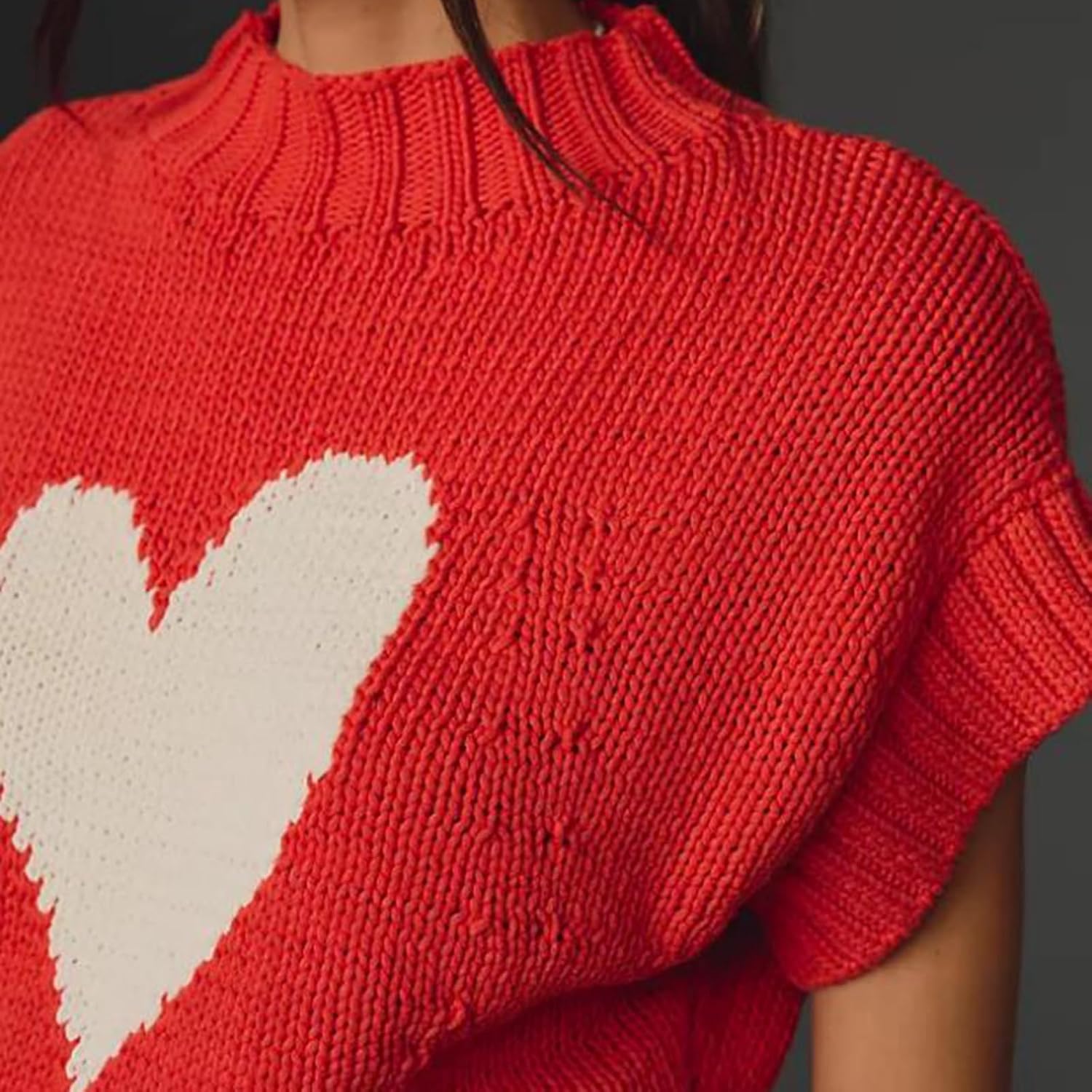 Red Heart Sweater Vests for Women Cute Mock Neck Short Cap Sleeve Cropped Sweaters Valentines Day Tank Tops - Image 5