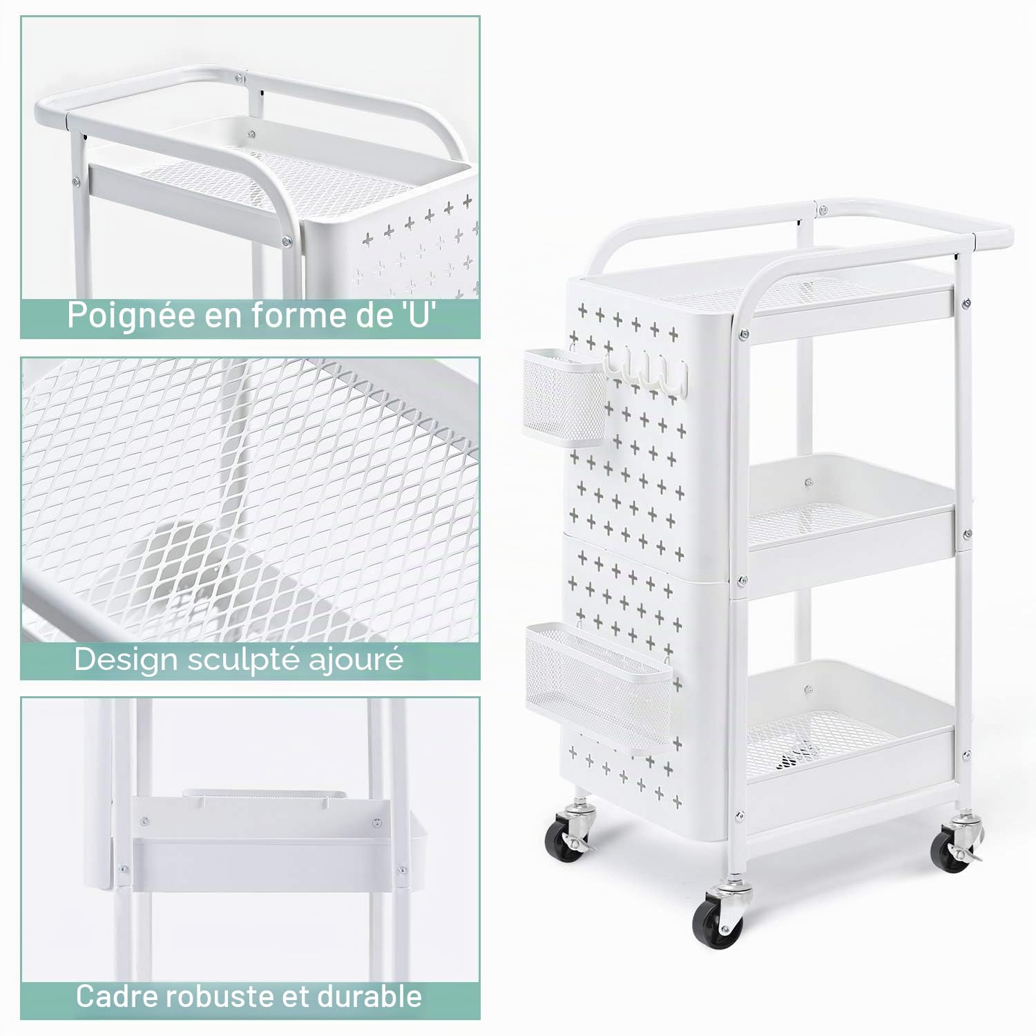 Kingrack Desserte à Roulettes 3 Niveaux, Panneau Perforé Bricolage avec Crochets et Panier, Voiture de Stockage Multifonctionnelle, Blanc | Panneau Perforé DIY, Crochets, Panier, Multifonctionnelle