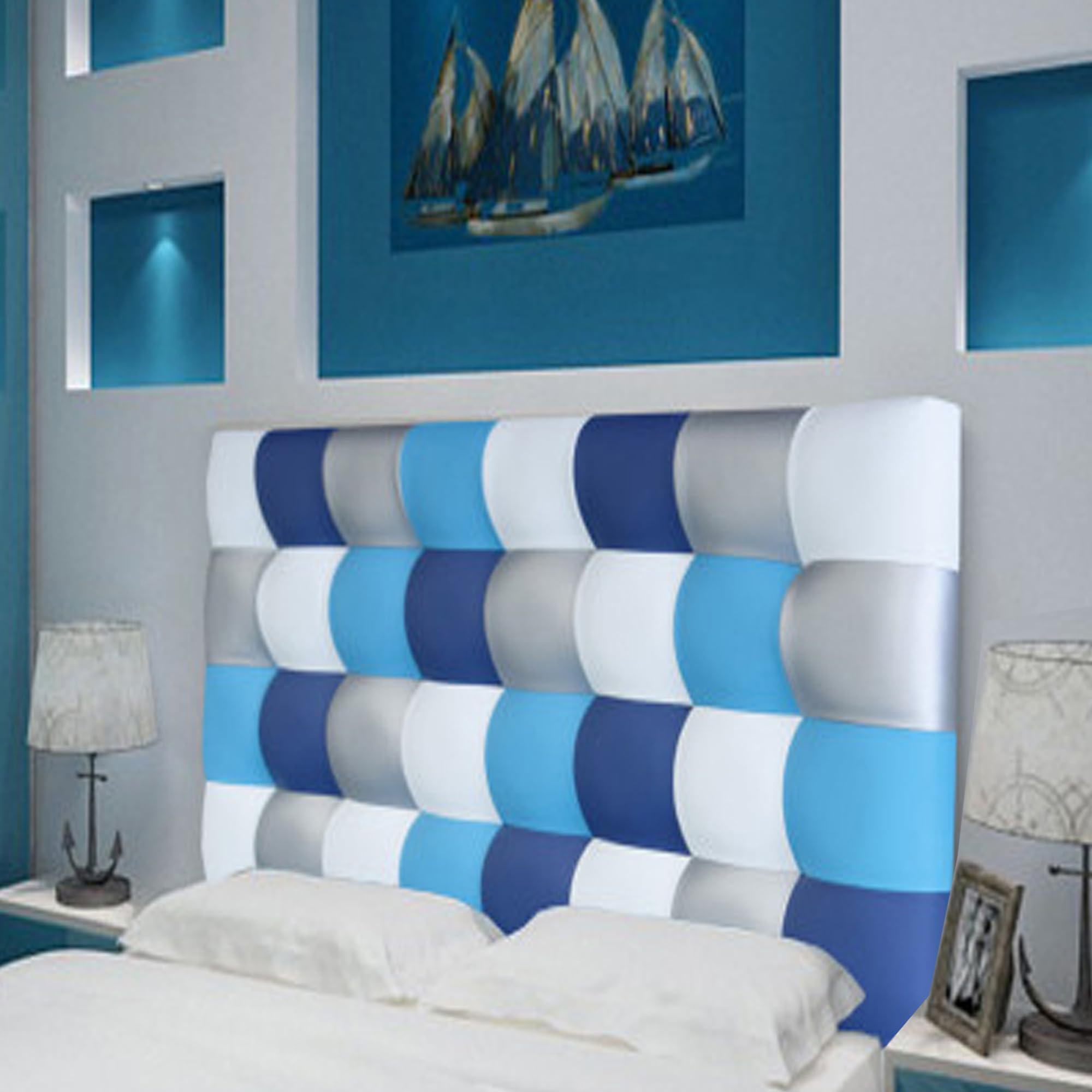 ONEK-DECCO Cabecero de Cama tapizado en Polipiel de Dormitorio Mod. Kansas Patchwork 12,Acolchado de Espuma Varias Medidas, Cama de niño, Juvenil y Matrimonio (150X70, Blanco-Turquesa-Plata-Azul)
