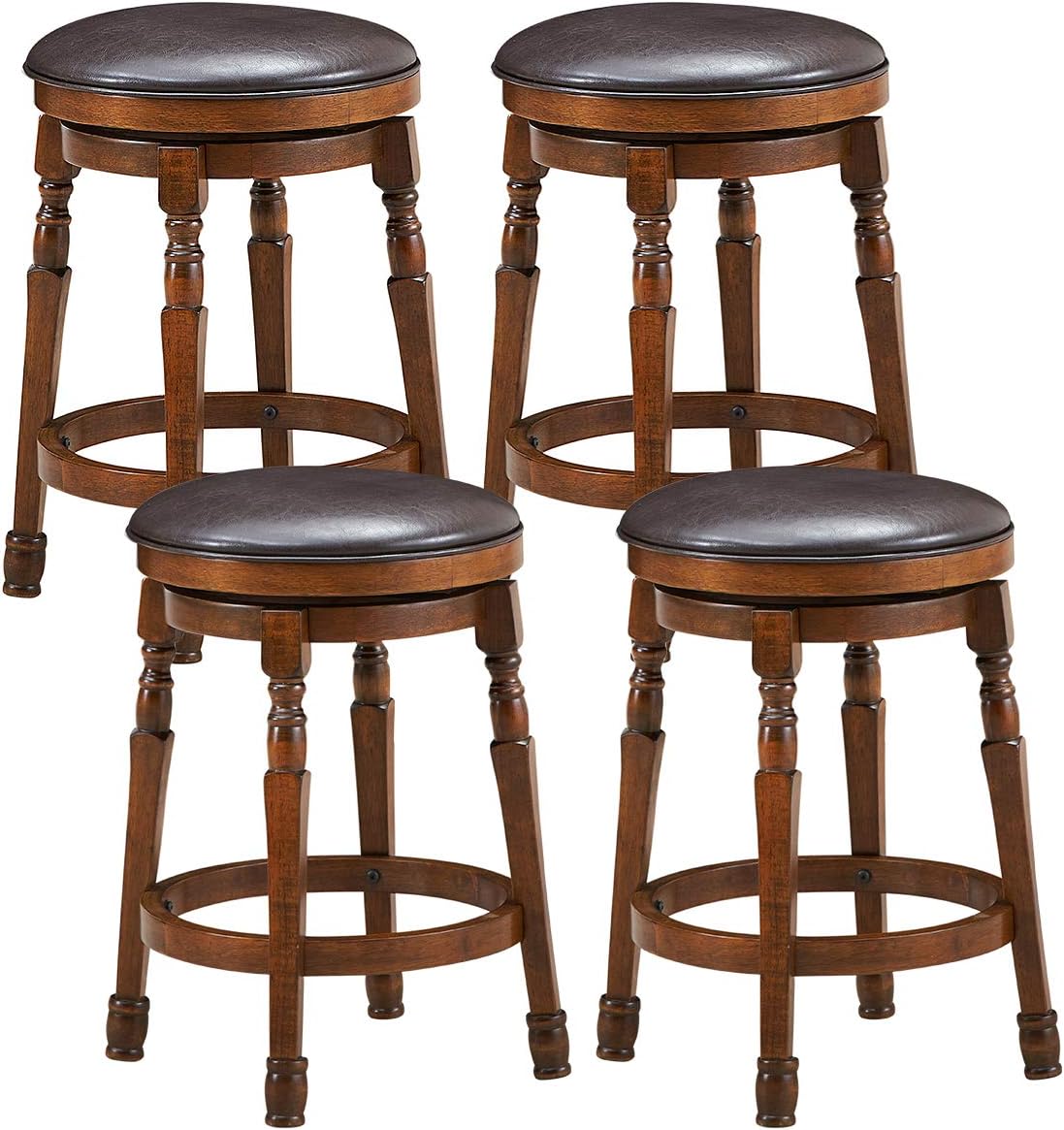 COSTWAY Backless Bar Stools Set of 4, 24-Inch Counter Height Round Stool with 360° Swivel Cushioned Seat, Soft PU Leather Barstool with Sturdy Natural Rubber Wood, Easy Assemble for Home Pub Cafe