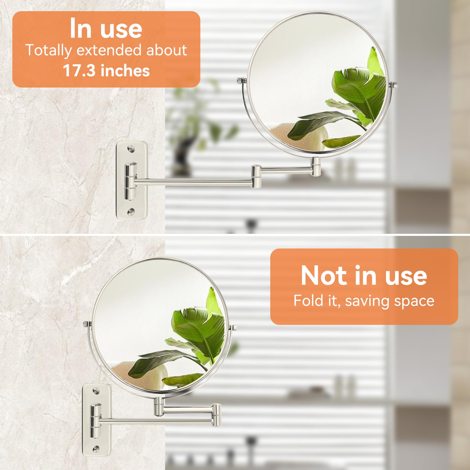 JANEEVA 8 Inch Wall Mounted Makeup Mirror - 1X/10X Magnifying With 360° Extendable Arm, Brushed Nickel - View #10