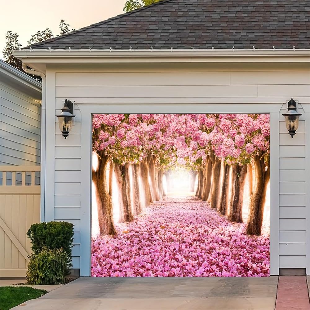 Leyiyi 7x8ft Cherry Blossom Garage Door Banner Cover Romantic Pink Flower Tree Floral Boulevard Garage Backdrop for Wedding Bridal Shower Birthday