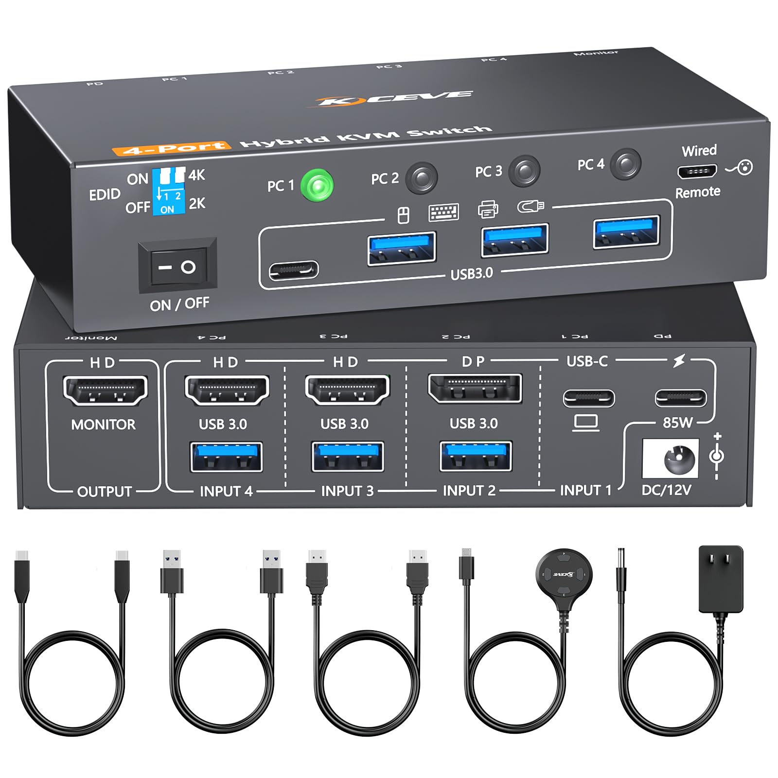 KCEVE Conmutador KVM 4K, 1 monitor, 4 ordenadores, USB-C HDMI DP, emulador EDID USB 3.0, conmutador KVM de 4 puertos 4K a 60Hz para 4 computadoras, teclado, mouse y 1 monitor HDMI, con adaptador de