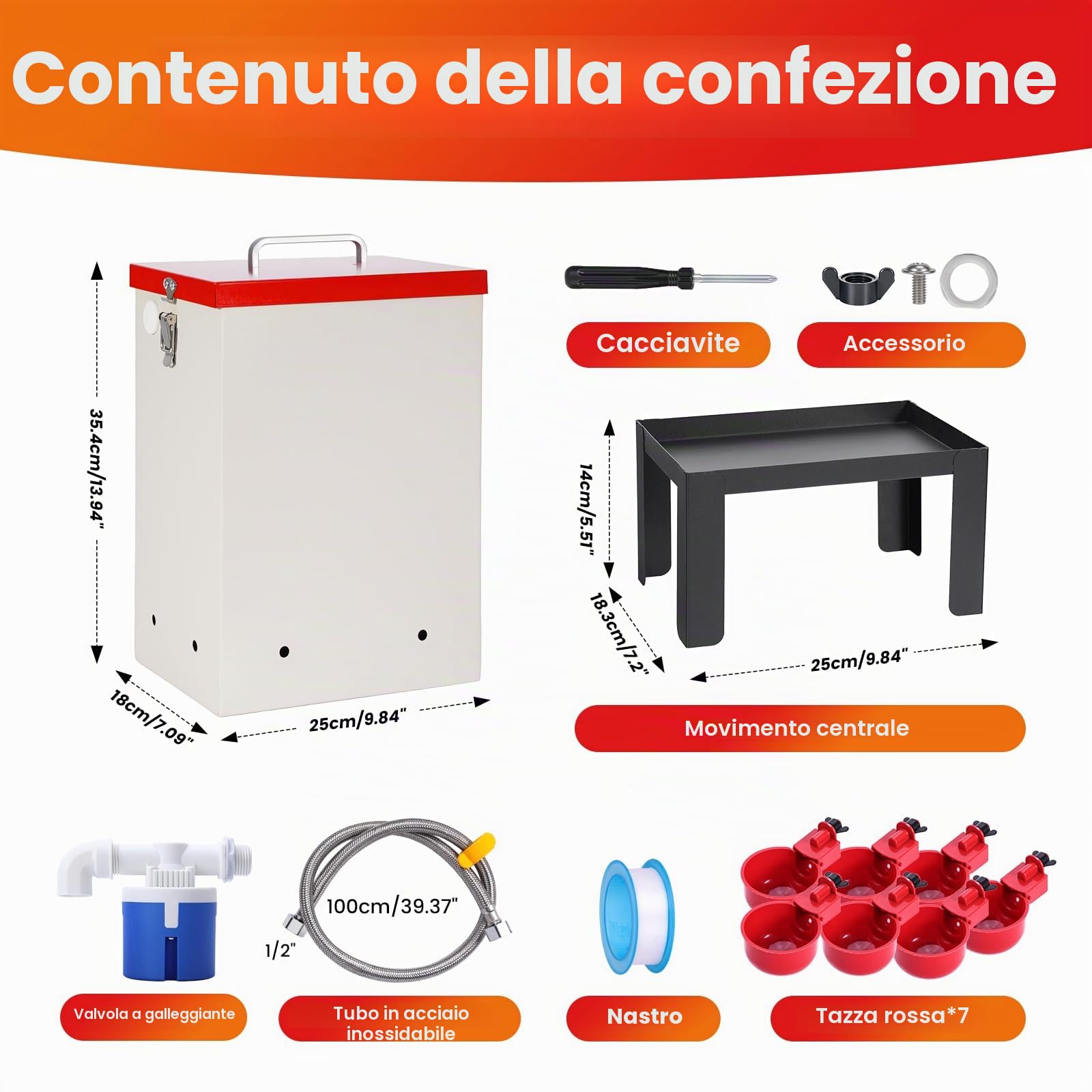 Abbeveratoio Automatico per Polli da 12L Distributore d'acqua per Pollame in Acciaio Inossidabile con Valvola Tazze d'acqua e Supporto Alimentatore per Acqua per Pulcini Anatre Oche Tacchino
