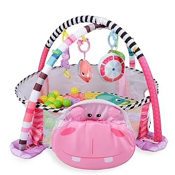 Baby Moo Activity Gym Mat with Colorful Hanging Toys & Ball Pit Engaging Multi Sensory Play Mat for Newborns to Toddlers, Soft Textures, Rattles, Interactive Elements for Baby Boys & Girls Hipo Pink