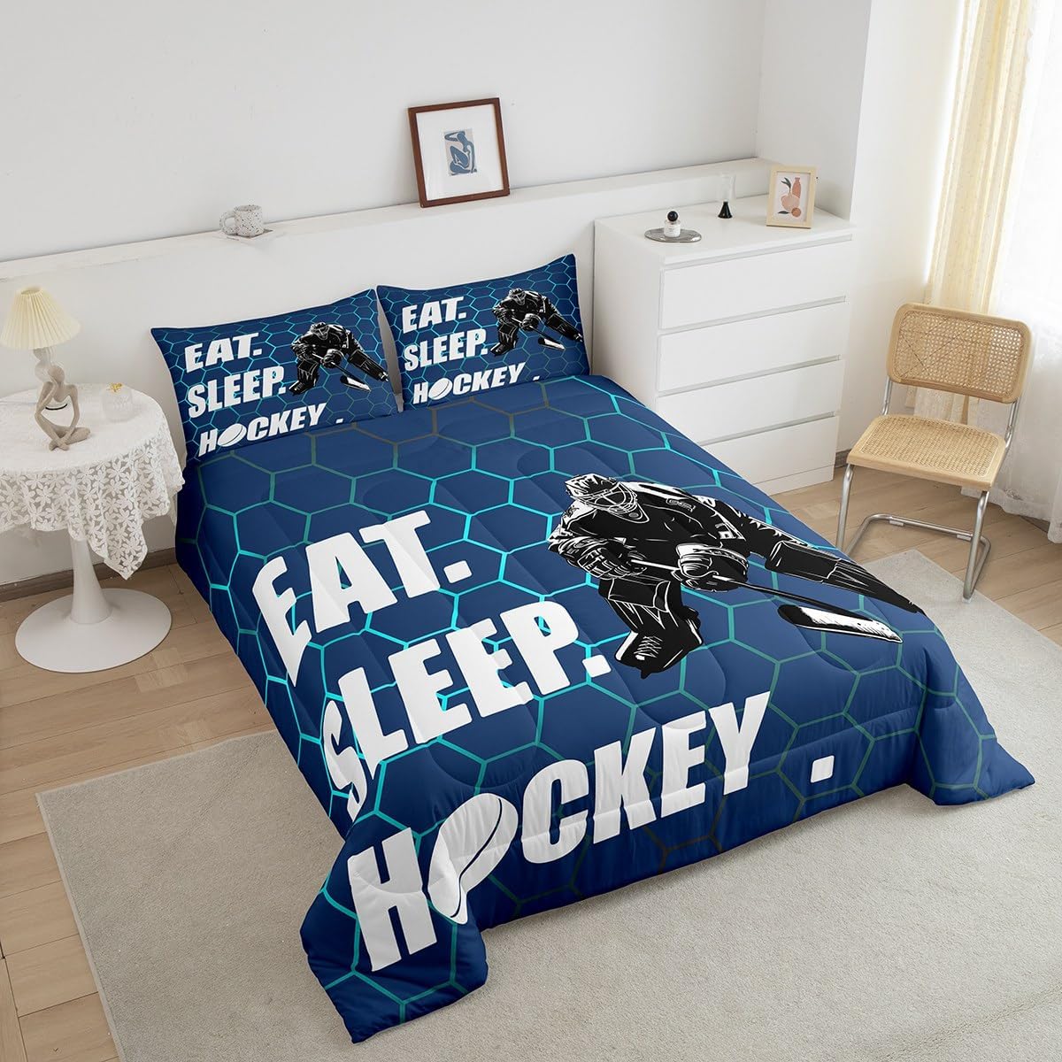 Erosebridal Hockey Comforter Sets for Kids Boys Girls Adult,Ice Bedding Lightweight,Eat Sleep Winter Sports Quilt Insert Twin Size,Gradient Blue Honeycomb Set with 1 Pillowcase