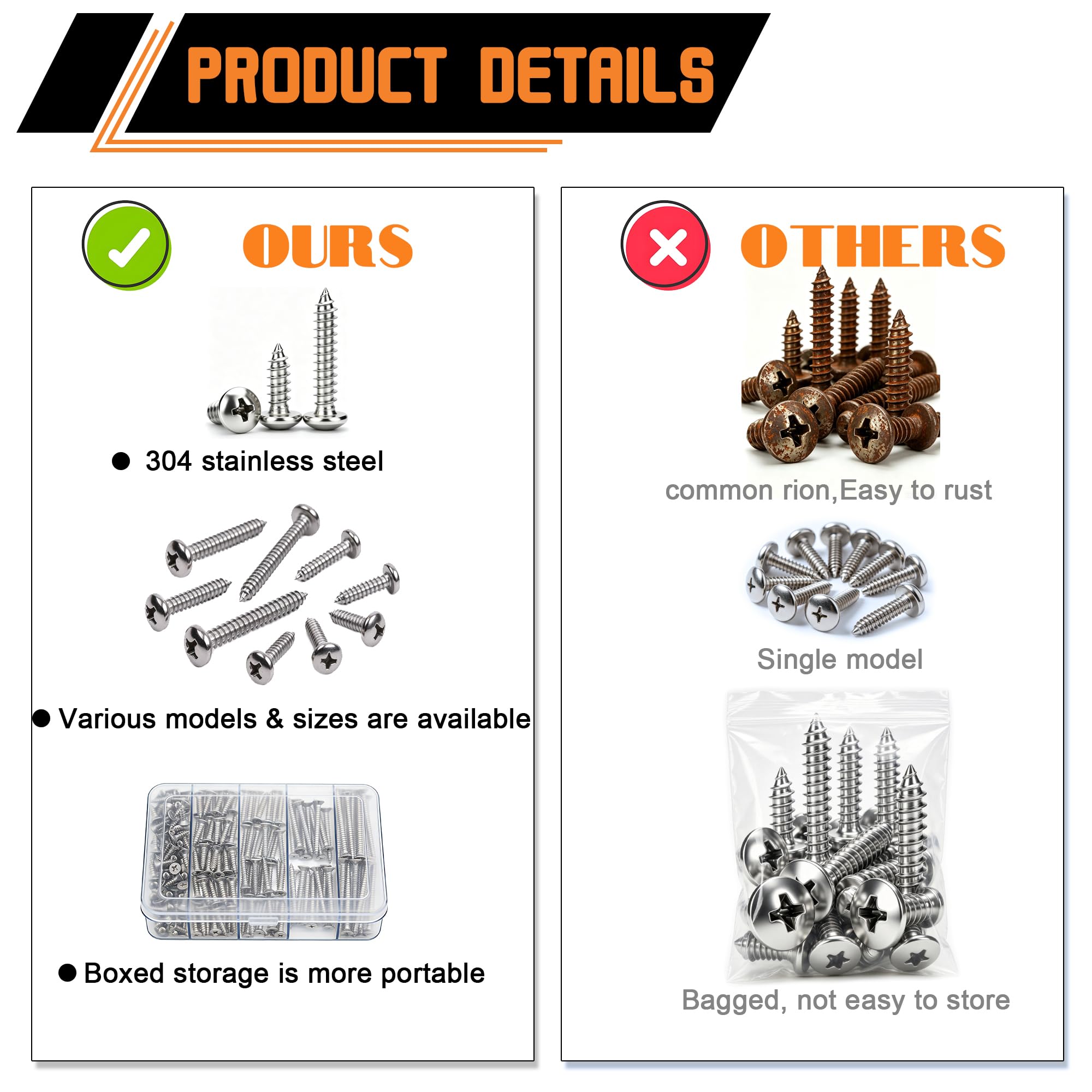 Dianrui Lot de 680 vis en acier inoxydable 304, #4#6#8#10#12, assortiment de vis à bois, vis à tôle assorties, tête cylindrique cruciforme, vis à tôle assorties, longueur de 0,9 cm à 2,5 à 1,3 cm