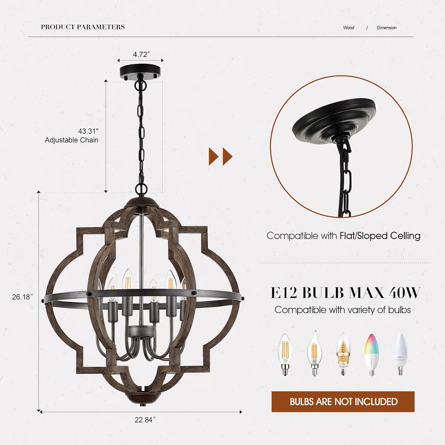 6-Light Wood Farmhouse Chandelier for Dining Room 23'' Vintage Rustic Pendant Light Fixtures Lighting for Hallway Entryway Foyer Kitchen Living Room