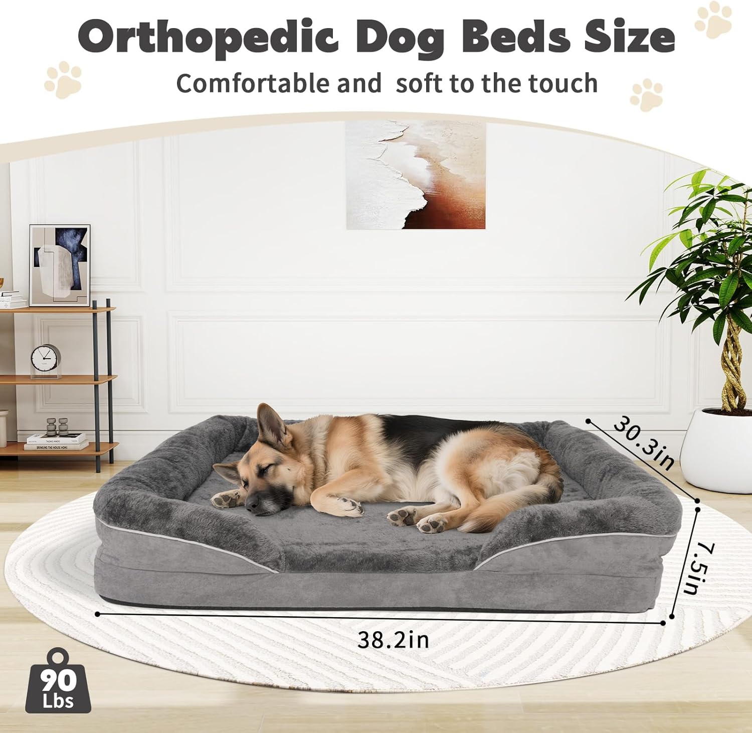 Dog Bed Waterproof Medium/Large Sized XL Foam Pet Beds Removable Washable Cover Dog Sofa Egg Crate Foam Support with Zipper Bottom Bolster Deluxe Plush Mat (38.2x30.3x7.5in+Grey)